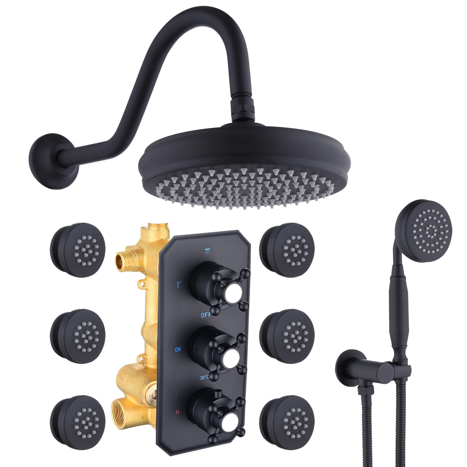 Thermostatic Shower Faucet Set - Matte Black Rain Shower System with All Metal Body Jets & Hand Shower - High Pressure Bathroom Shower Combo for Spa-Like Experience - Perfect for Modern Home Renovation and Luxury Bathroom Upgrade
