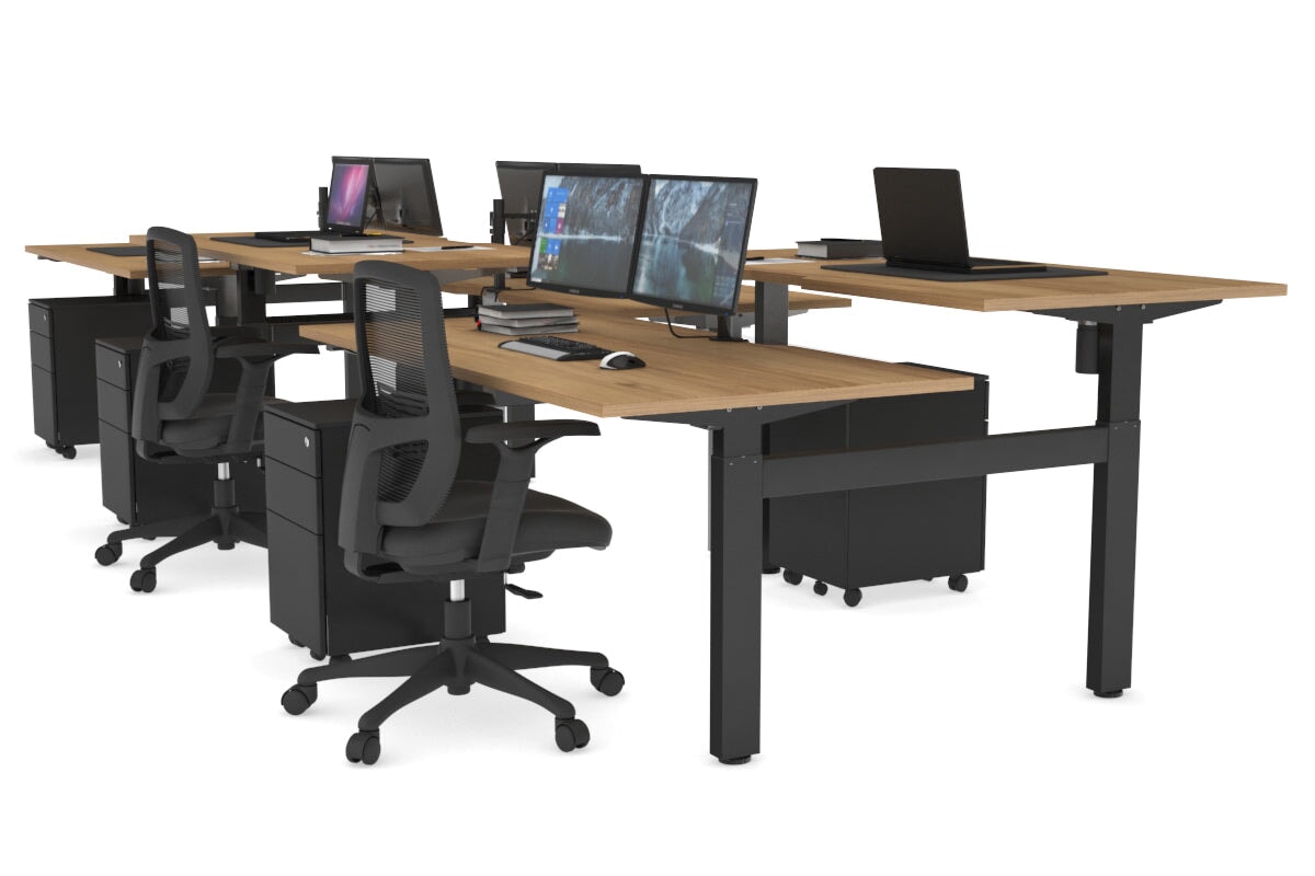 Just Right Height Adjustable 6-Person H Bench Workstation - Black Frame [1600L x 800W with Cable Management] - Perfect for Office, Coworking Spaces & Home Offices