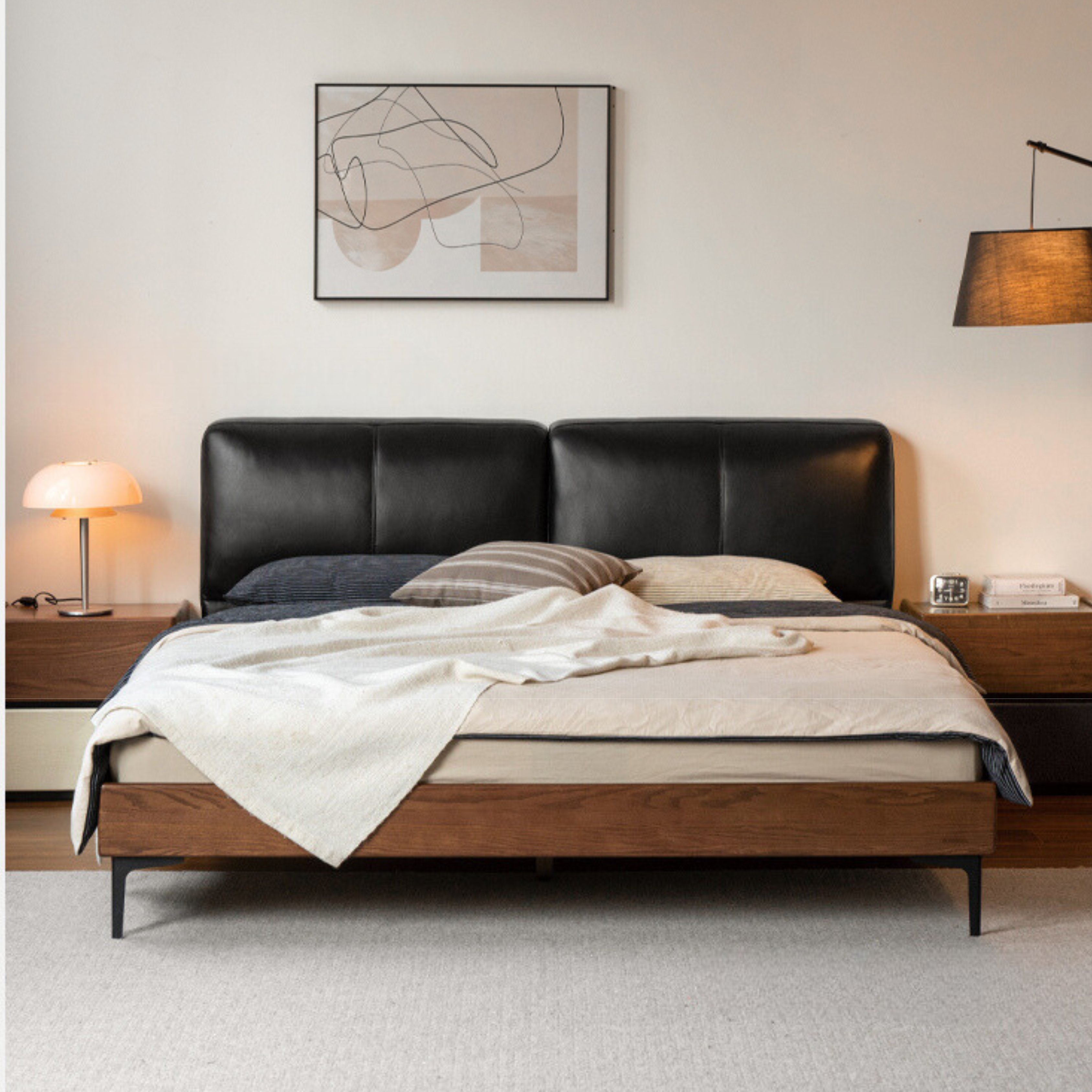 Luxury Oak Solid Wood Bed with Soft Leather Upholstery - Elegant Master Bedroom Furniture for Modern Home Decor