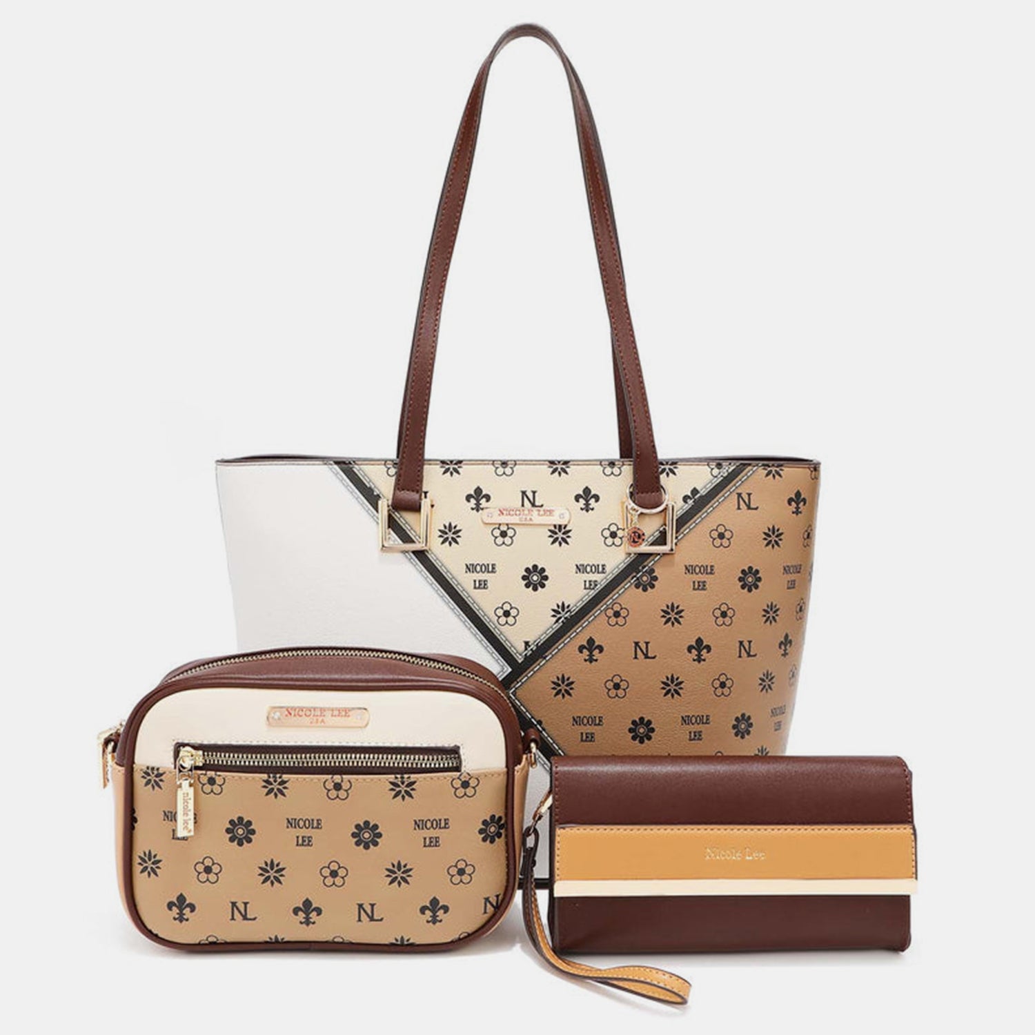 Nicole Lee USA 3 Piece Color Block Handbag Set - Trendy Women's Tote, Crossbody & Clutch Purse Combo for Work, Travel & Evening Out
