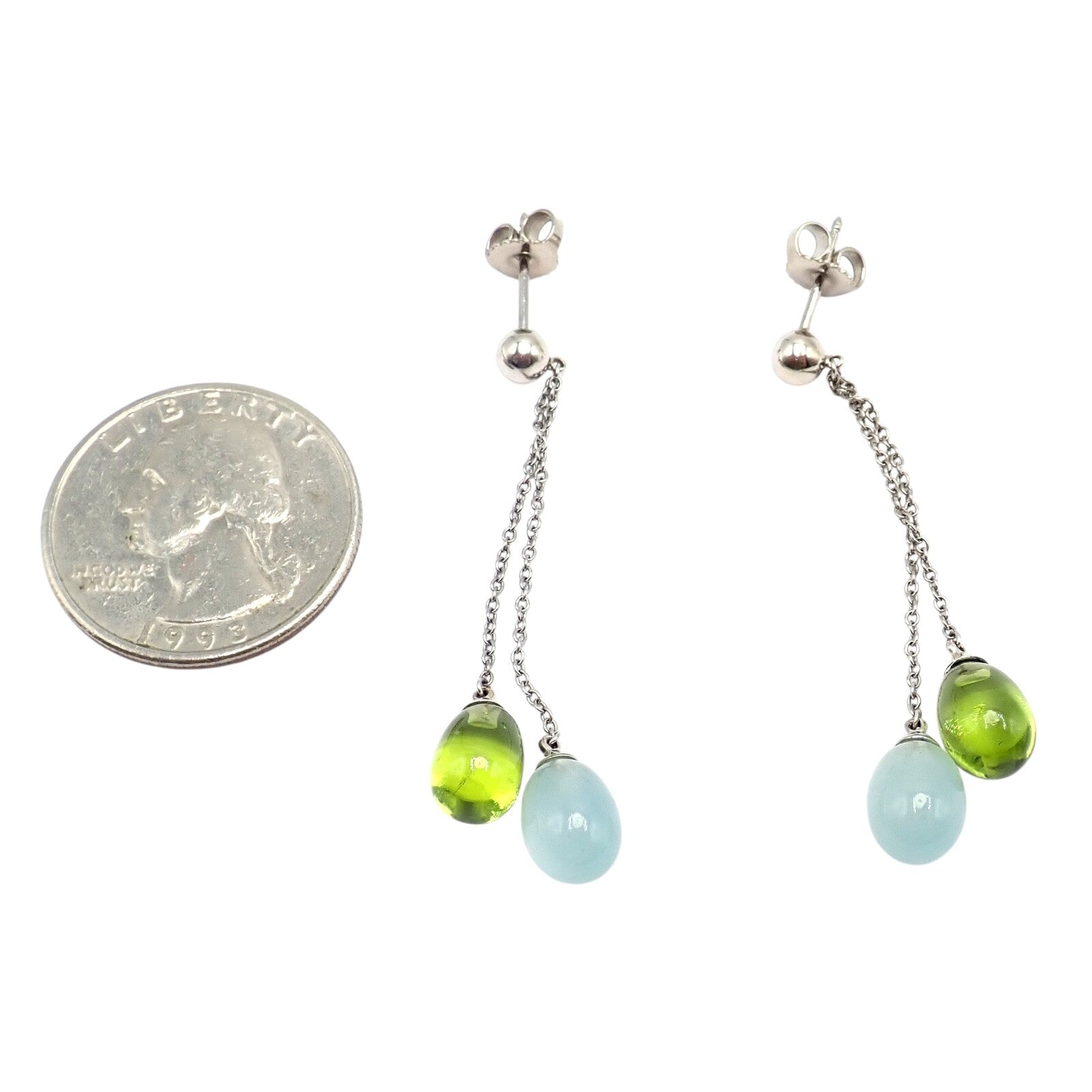 Authentic Tiffany & Co 18K White Gold Rainbow Drop Peridot Chalcedony Earrings for Women | Elegant Gemstone Dangle Earrings for Parties, Weddings & Special Occasions