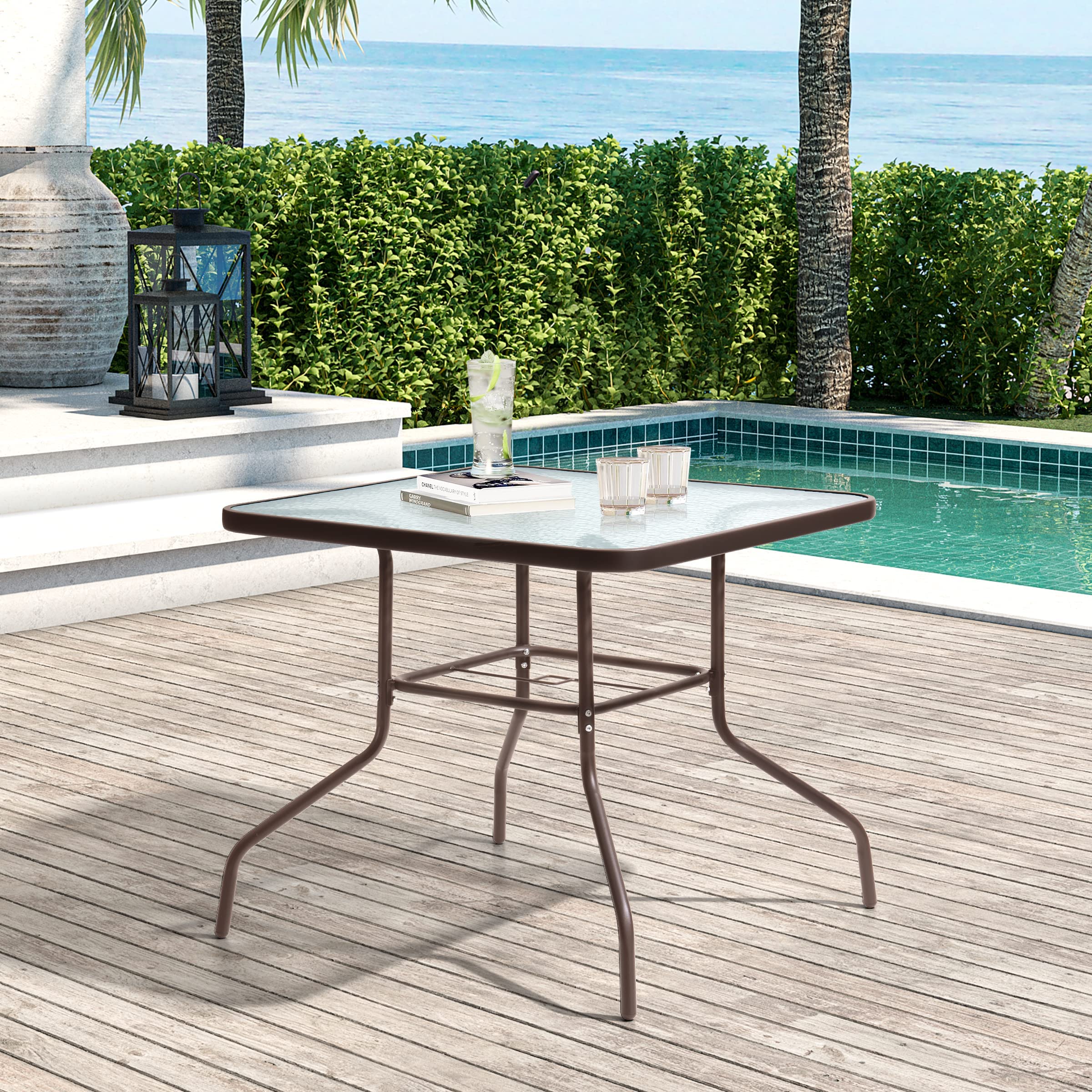 Premium Outdoor Dining Table for 4 - Square Patio Table with Umbrella Hole | Durable Tempered Glass & Metal Bistro Set for Garden, Deck, Backyard, Lawn (Brown) | Perfect for Al Fresco Dining & Outdoor Entertaining