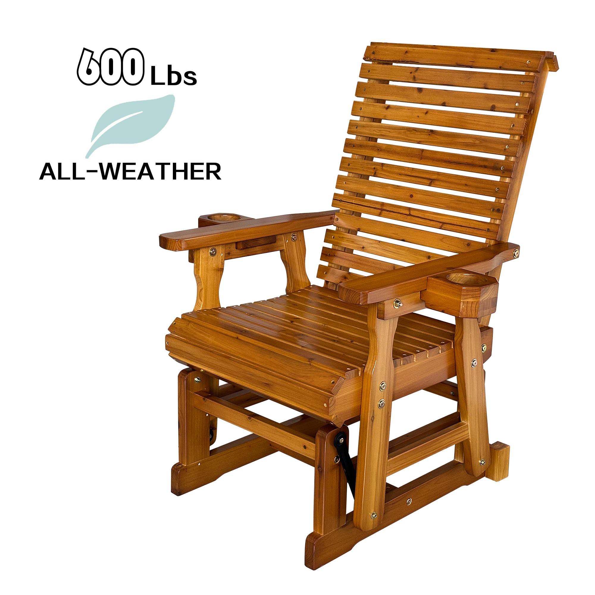 Fortune Candy Wooden Patio Glider - Single Person Outdoor Swing Chair with High Backrest & Deep Contoured Seat, Solid Fir Wood Construction, 600 LB Weight Capacity (Cedar Tone, Bridge Back) - Perfect for Porch, Garden, Deck Relaxation