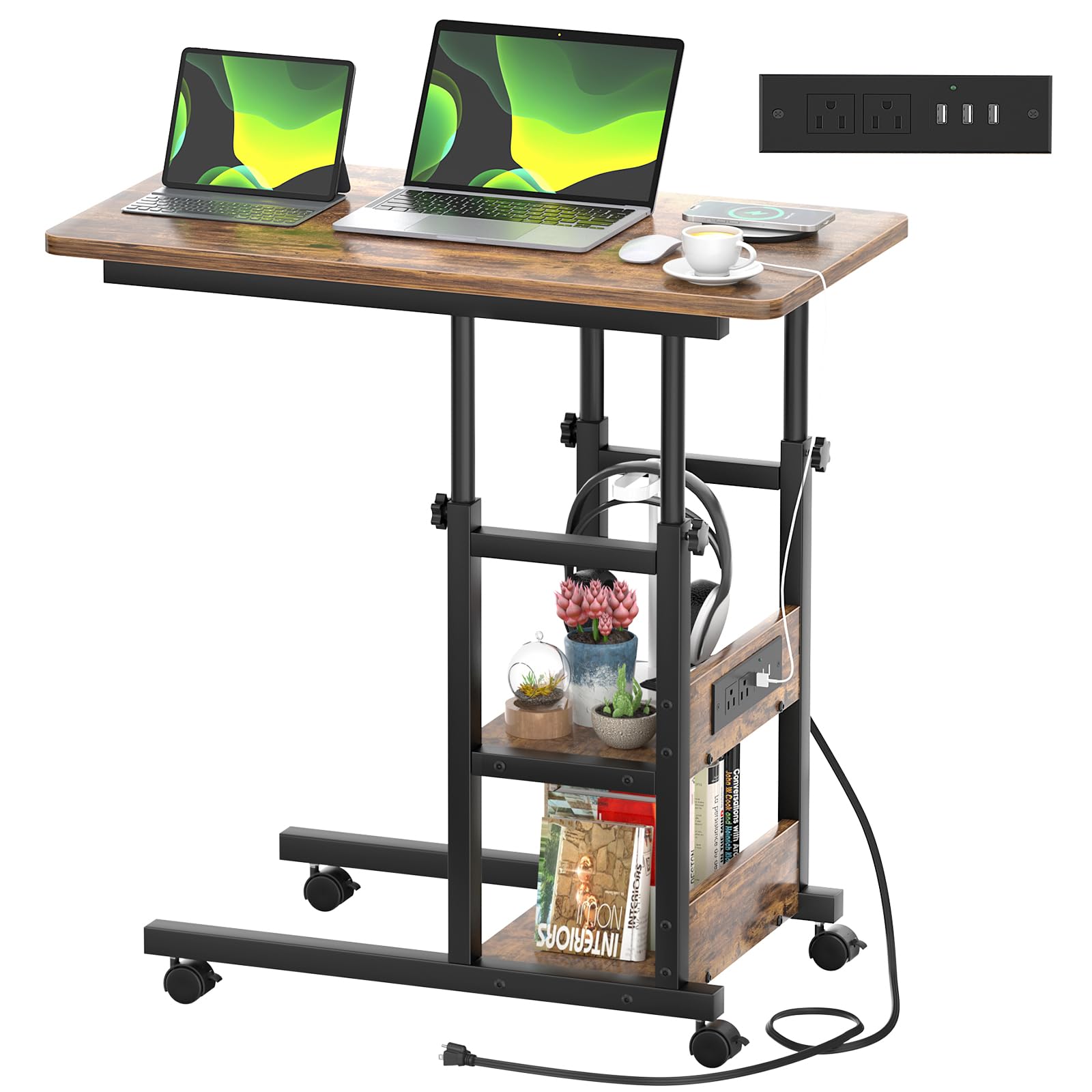 Adjustable Height C-Shaped End Table with USB Charging Station & Wheels - Mobile Laptop Side Table with 2-Tier Storage Shelf - Rustic Brown Sofa Couch Table for Living Room, Bedroom & Office Use