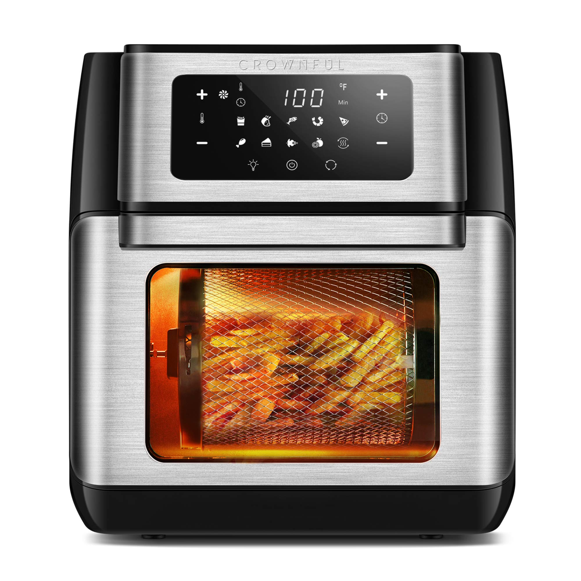 CROWNFUL 10.6QT Large Air Fryer Toaster Oven - Digital LCD Touch Screen, 10-in-1 Oil-Free Cooker with Rotisserie & Dehydrator | Includes Accessories & Online Cookbook | Perfect for Family Cooking, Meal Prep & Healthy Eating