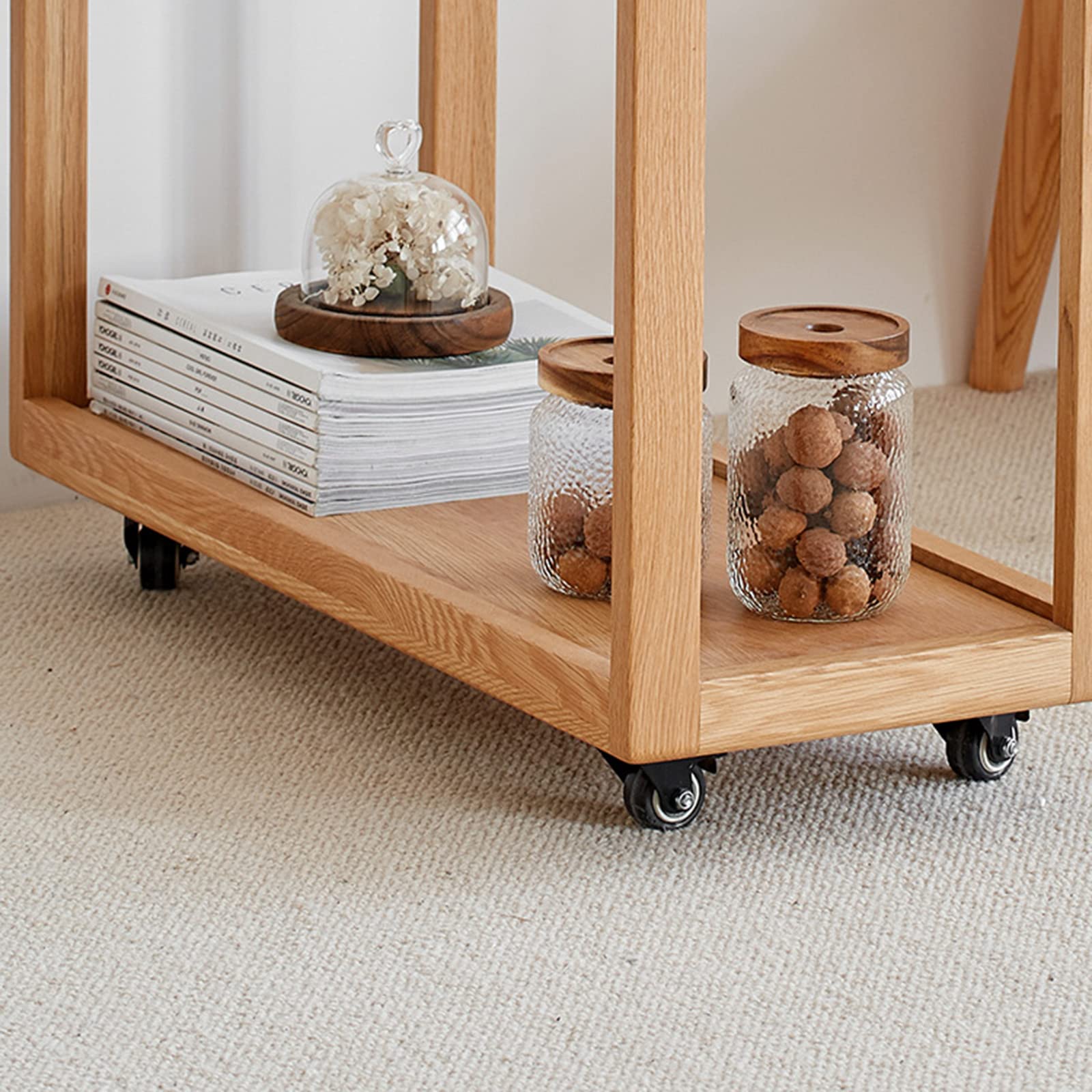 2-Tier Rolling Side Table with Glass Tray - Modern Oak Wood Coffee Table with Wheels, Mobile Snack Tray & Storage Shelf (22.1