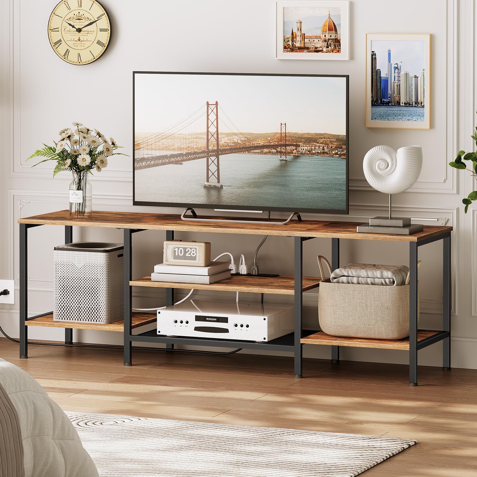 HOOBRO 75 Inch TV Stand with Power Outlets, Industrial TV Console Table with Open Storage Shelves & Cabinet, Rustic Brown & Black Entertainment Center for Living Room & Bedroom - Perfect for Gaming, Movie Nights & Home Theater Setup (Model BF60DS01)