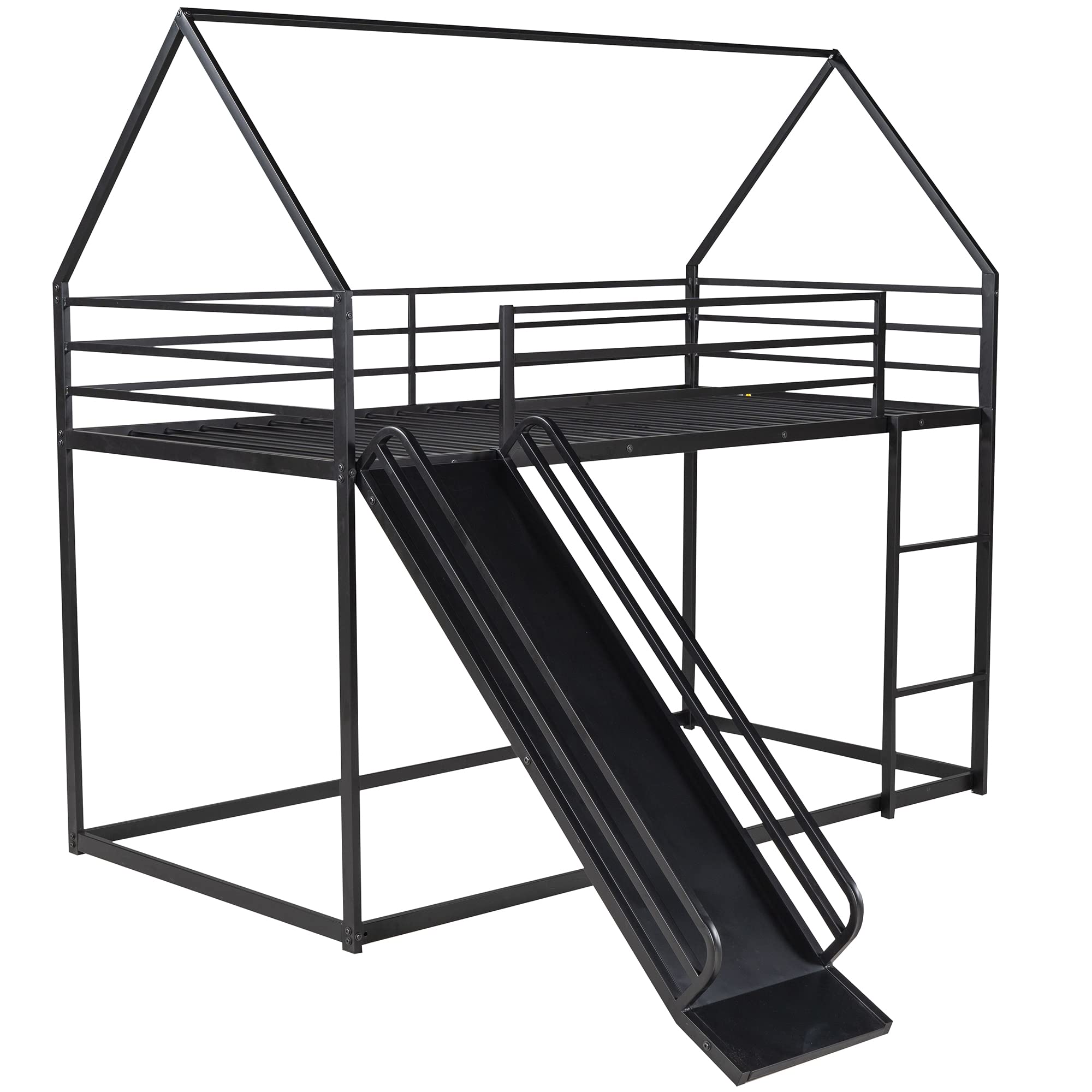 Metal Twin Over Twin Bunk Beds with Slide - Low Profile Kids Bunk Bed for Boys & Girls - Sturdy Black House Frame - Perfect for Small Bedrooms, Playrooms & Sleepovers