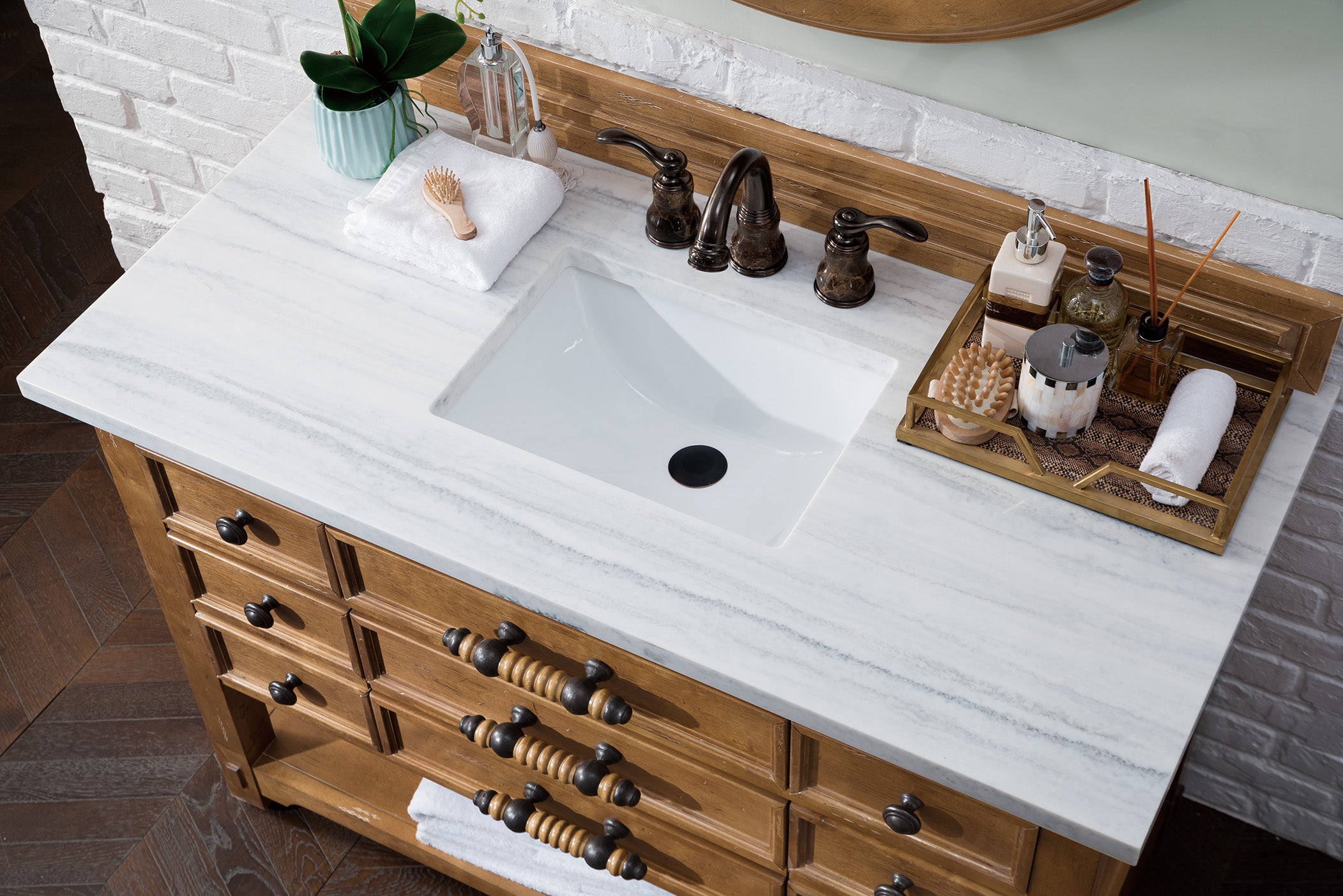 Malibu 48 Inch Single Bathroom Vanity with Honey Alder Wood & 3CM Arctic Fall Solid Surface Top - Perfect for Modern Home Bathroom Renovation