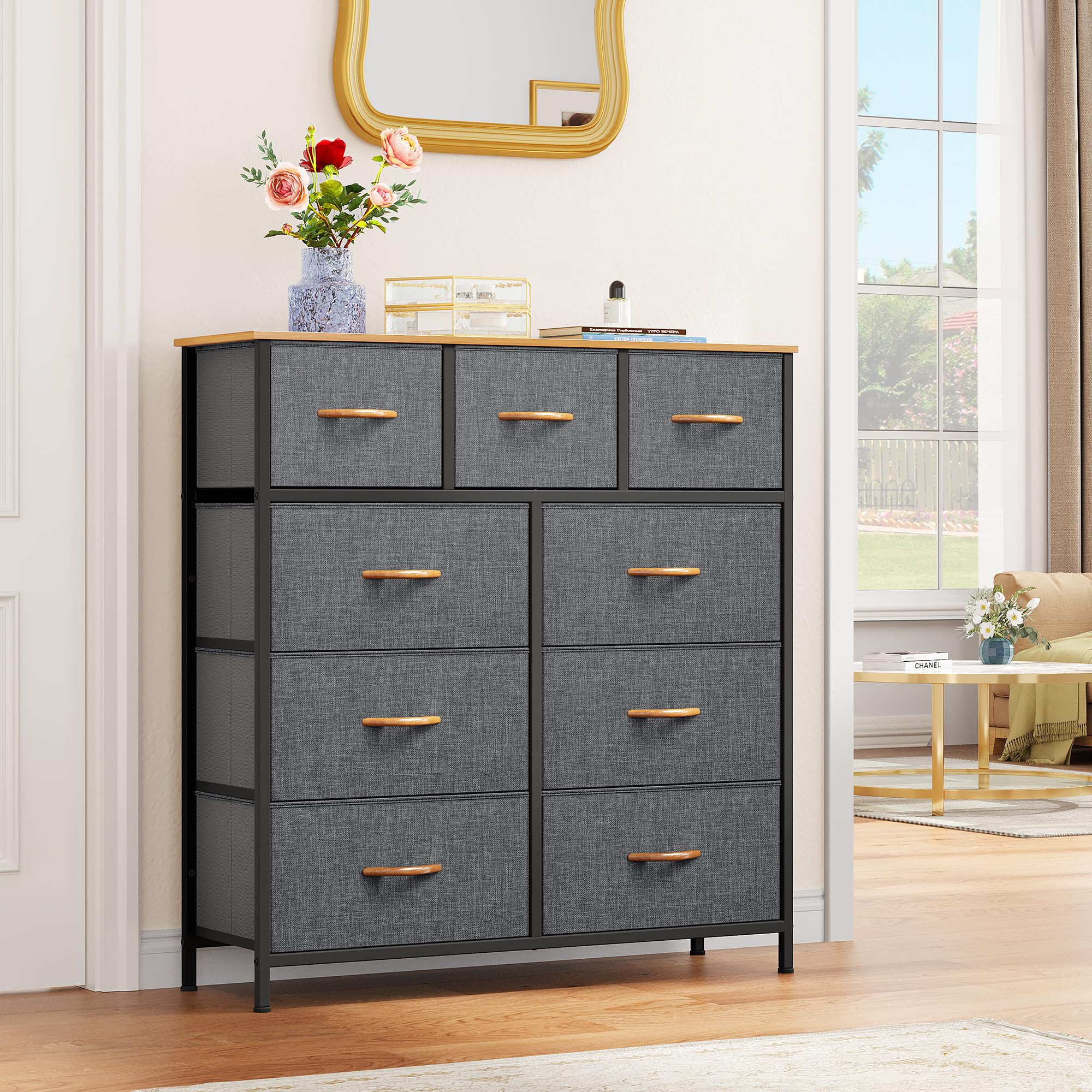 YITAHOME 9-Drawer Fabric Storage Dresser with Sturdy Steel Frame & Wooden Top - Dark Grey Dresser for Bedroom, Living Room & Closet Organization - Easy Pull Fabric Bins for Clothes, Toys & Home Storage