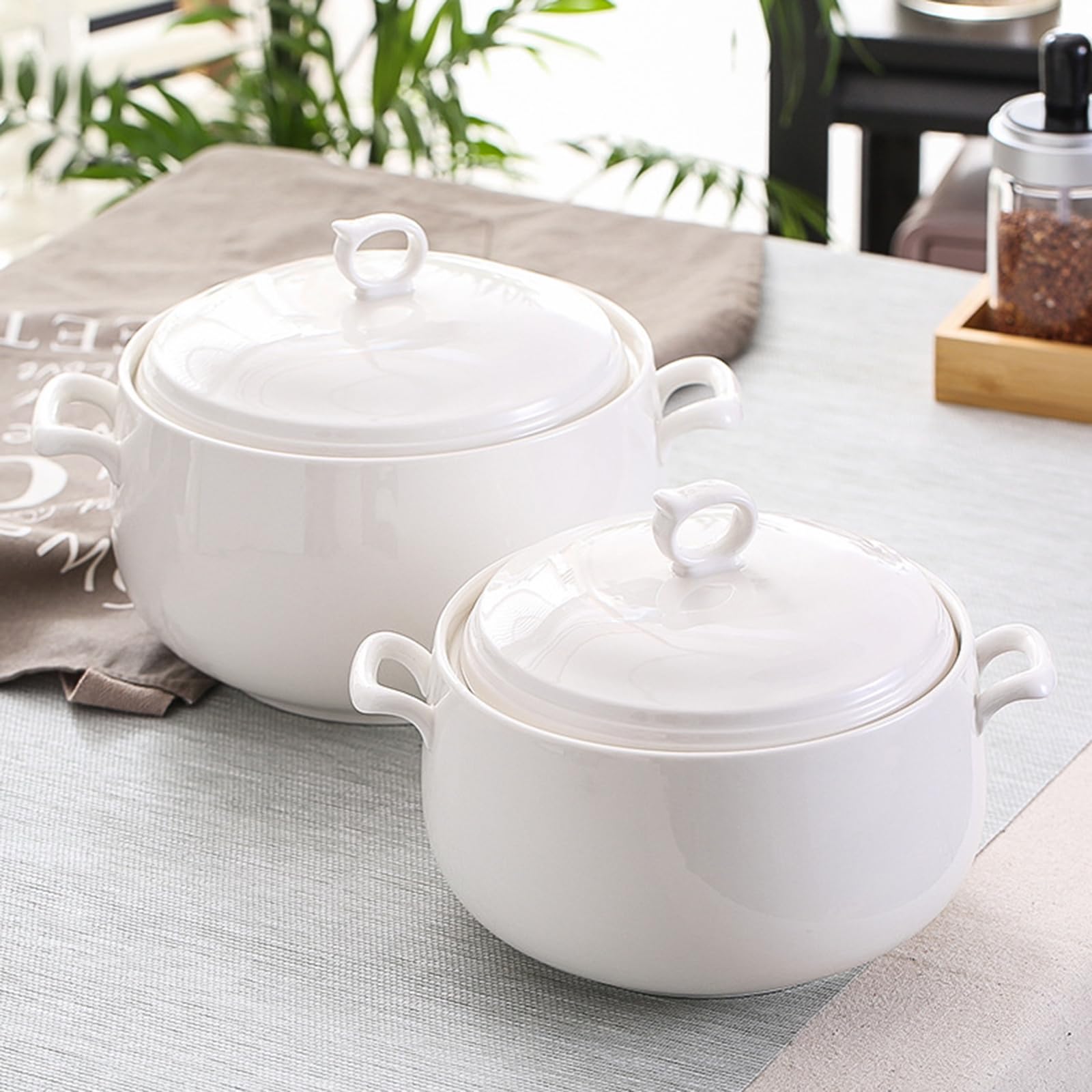 3L Ceramic Soup Tureen with Lid - Large Round Serving Bowl with Loop Handles, Microwave & Dishwasher Safe Pure White Porcelain Tureen for Kitchen - Perfect for Family Dinners, Holiday Meals & Restaurant Serving