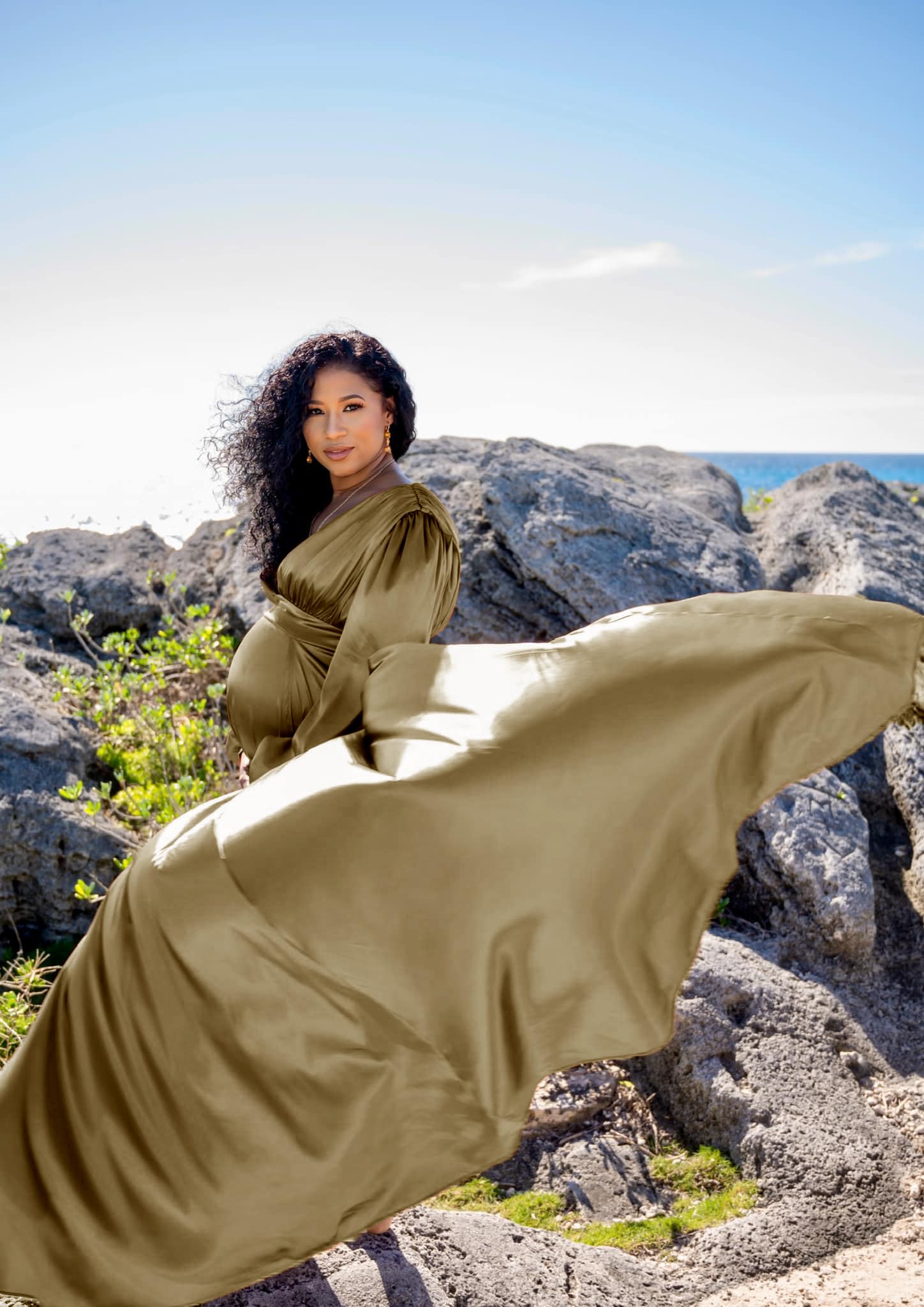 Dedysler Maternity Photoshoot Dress - Elegant Long Sleeve Maxi Gown with Side Slits for Pregnancy Photo Shoot, Baby Shower & Special Occasions
