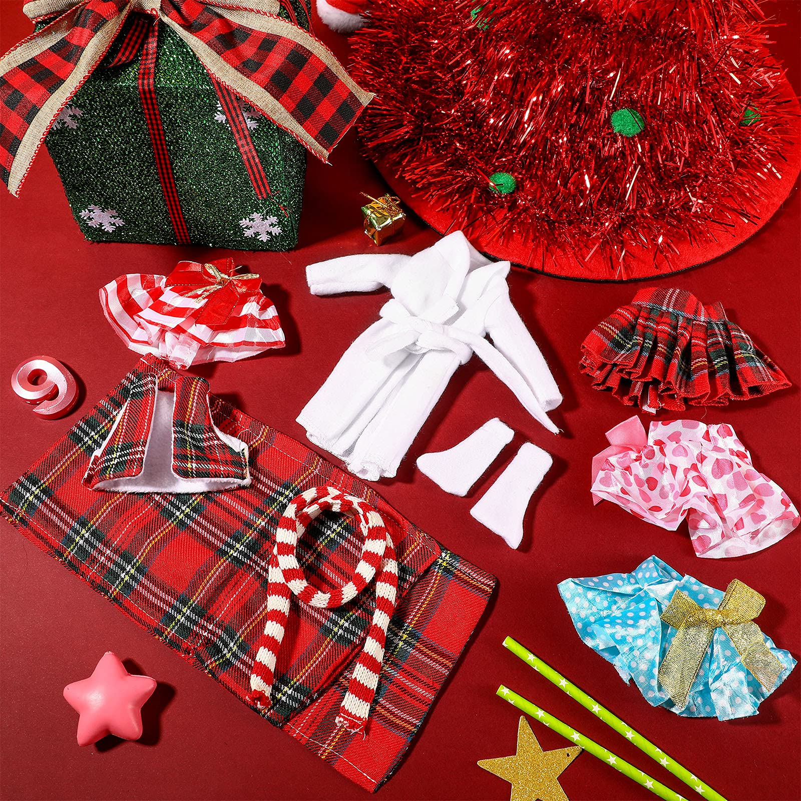 Sumind 10-Piece Christmas Doll Clothes Set - Santa Outfit, Plaid Skirt, Nightgown, Sleeping Bag, Scarf & Socks for 18
