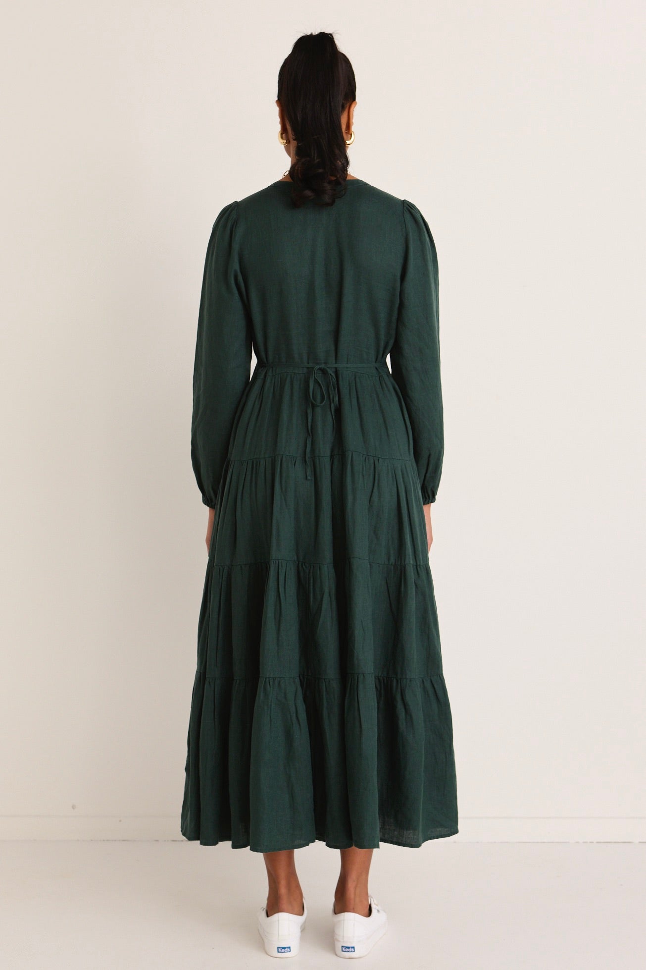 Stylish Dark Forest Linen Long Sleeve Button Front Tiered Maxi Dress for Women - Perfect for Boho Chic Outfits, Beach Vacations & Summer Weddings