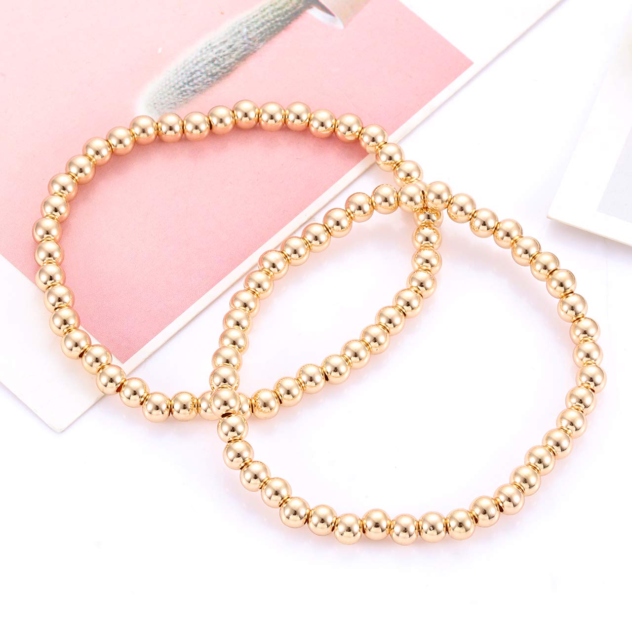 ANGLESJELL Gold Bead Bracelets for Women & Men - Stackable Brass Bead Ball Chain Stretch Bracelet Set - Elegant Bangle Jewelry for Birthday, Party, Holiday Gifts - Perfect for Everyday Wear, Layering & Special Occasions