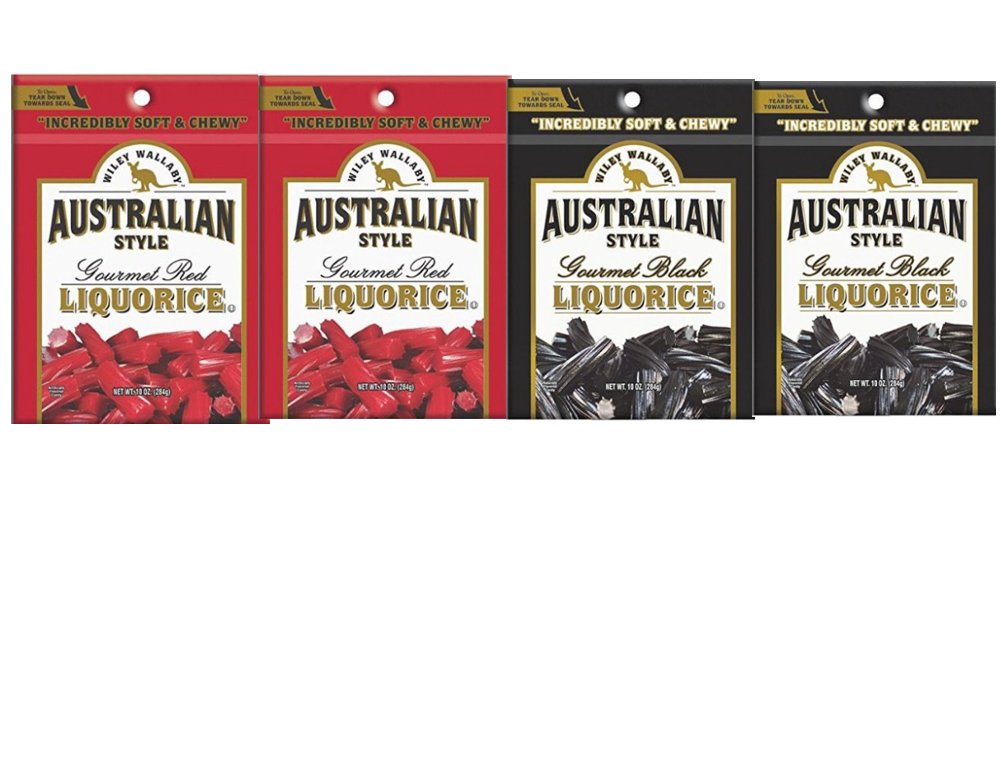 Premium Wiley Wallaby Australian Style Gourmet Liquorice Bundle - 2 Red & 2 Black Licorice Packs (10oz Each) | Authentic Soft Candy Treat for Parties, Gifts & Movie Nights