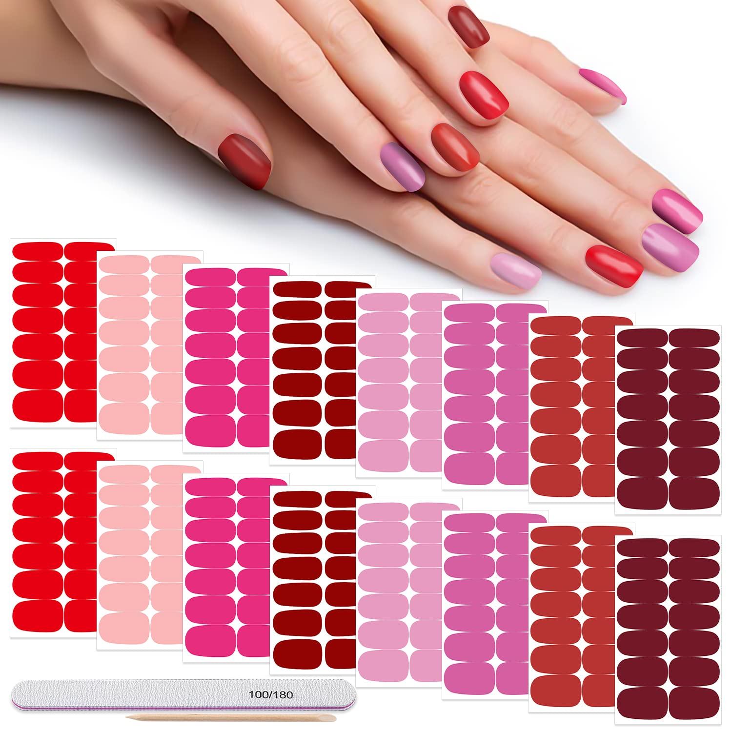 DANNEASY 16 Sheets Solid Color Nail Polish Stickers - Full Nail Wraps Self-Adhesive Nail Polish Strips for Women & Girls - Includes 1 Nail File & Cuticle Stick (Red Series) - Perfect for Home Manicures, Parties & Gifts