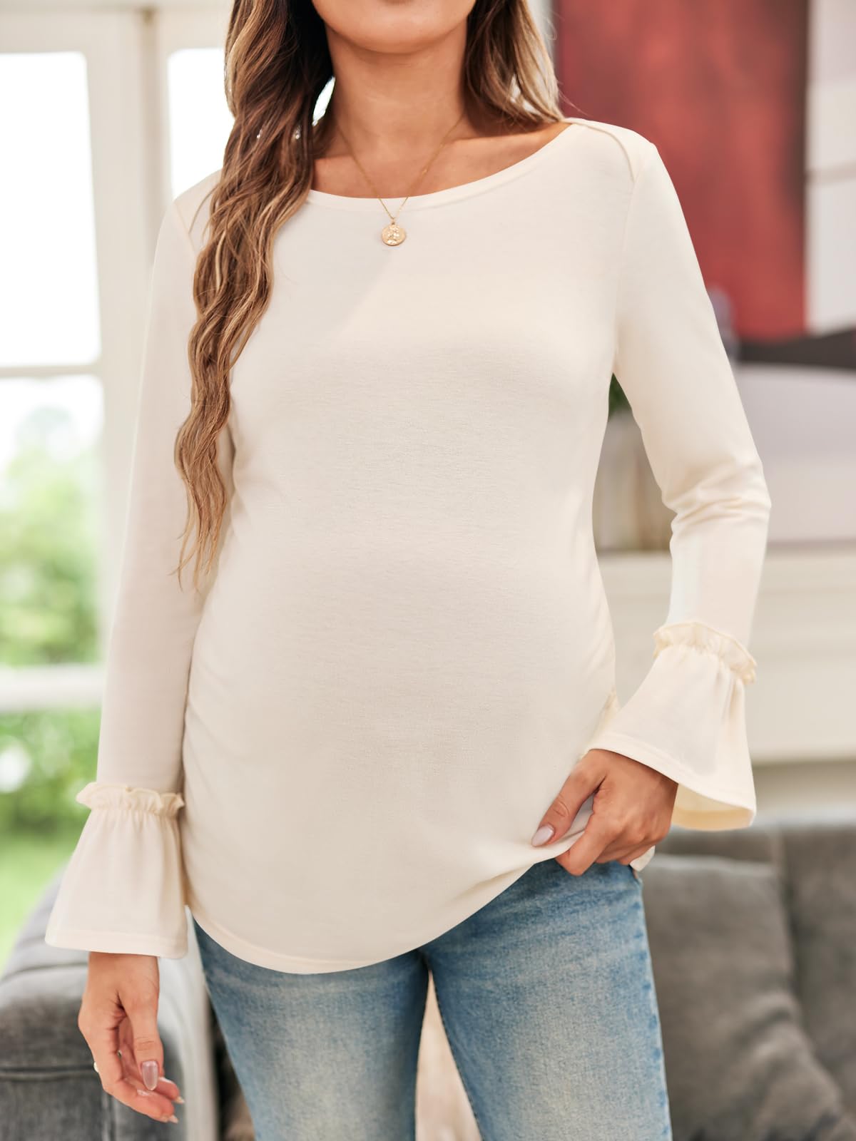 **Women's Maternity Shirts - Bell Sleeve Pregnancy Tops, Casual Boat Neck Nursing Clothes for Comfort & Style | Perfect for Work, Daily Wear & Maternity Photos**
