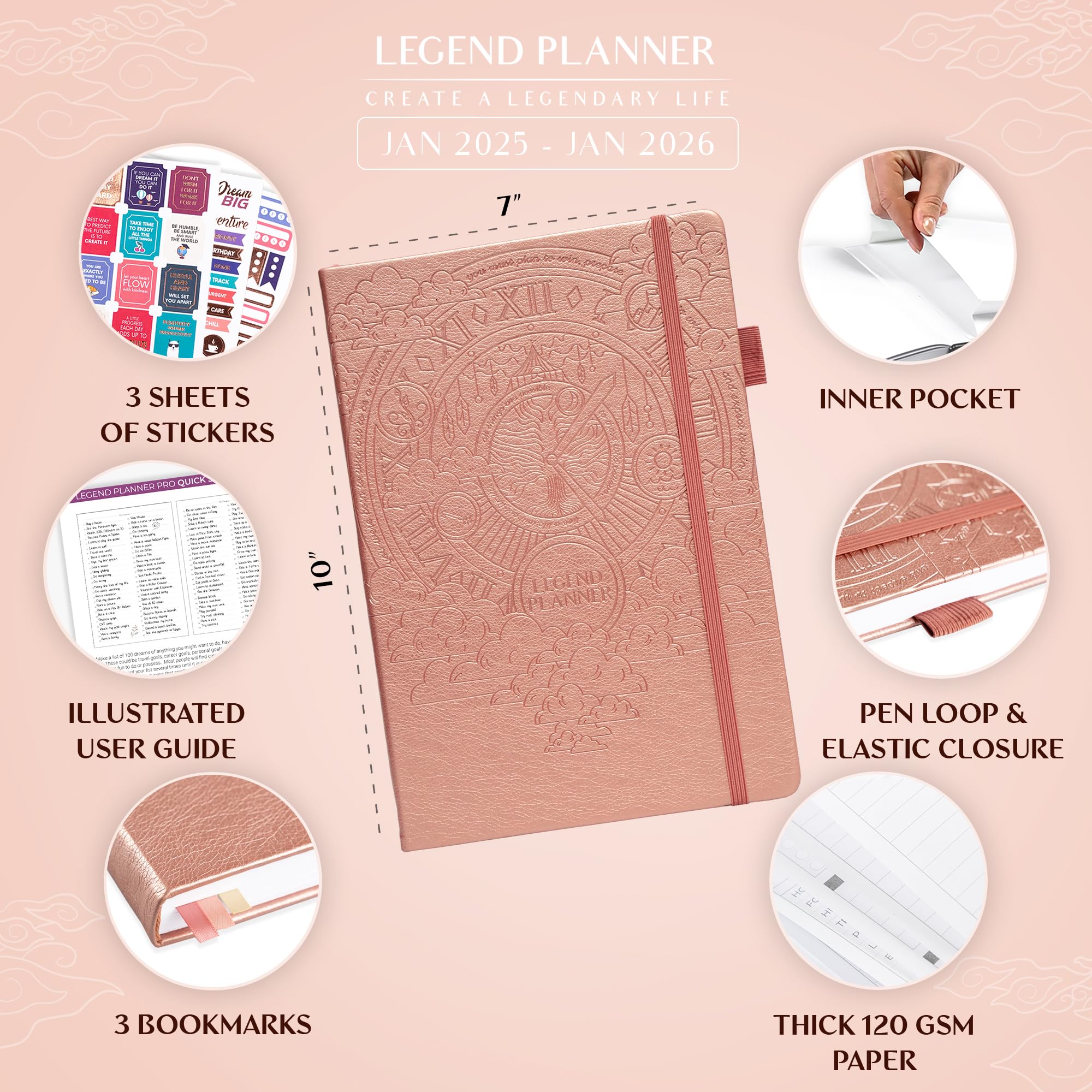 Legend Planner PRO Dated Jan 2025-Jan 2026 - Premium Weekly & Daily Planner with Time Slots, A4 Hardcover Organizer (Rose Gold) for Work, School & Personal Time Management | Perfect for Professionals, Students & Productivity Enthusiasts