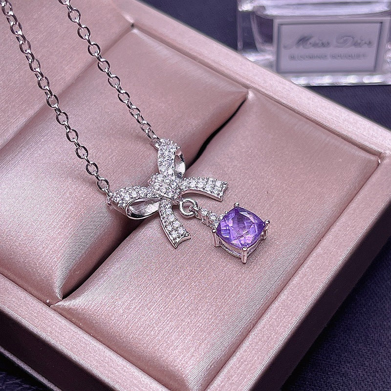 White Gold Amethyst Aquarius Bow Pendant Necklace for Women | Elegant Zodiac Jewelry Gift for Birthday, Anniversary & Valentine's Day | Perfect for Everyday Wear & Special Occasions