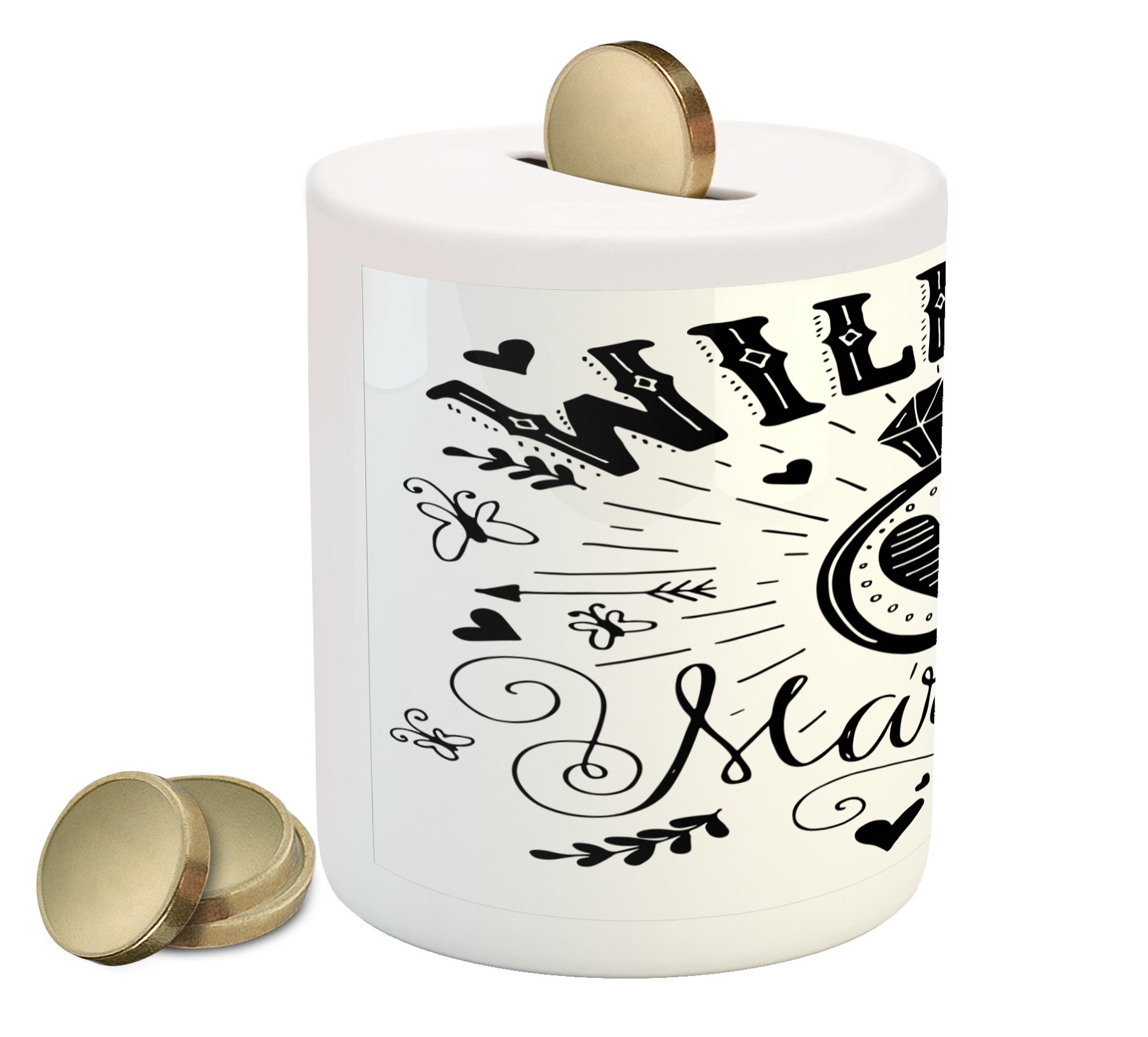 Ambesonne Western Themed 'Will You Marry Me' Ceramic Piggy Bank with Hearts - Printed Money Box for Cash Saving & Engagement Party Gifts (Black & White) | Perfect for Proposal Surprises, Wedding Savings & Couple's Financial Goals