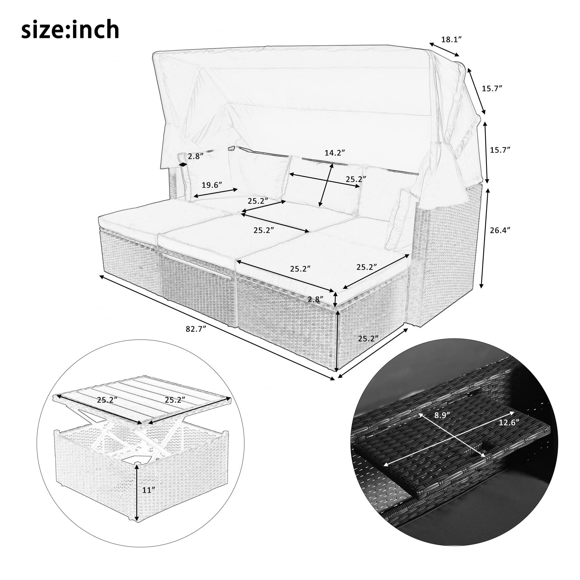 Outdoor Patio Rectangle Daybed with Retractable Canopy - Wicker Rattan Furniture Set with Adjustable Coffee Table - Gray Sectional Sofa Conversation Set for Backyard, Poolside & Garden Relaxation
