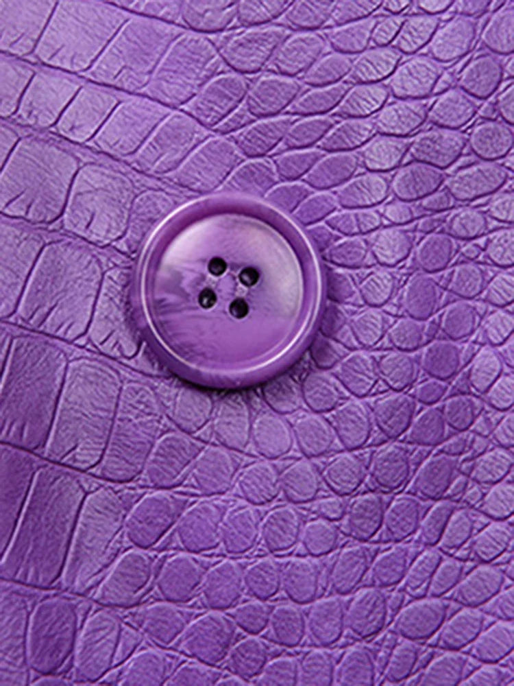 Stylish Oversized Purple Crocodile Print Faux Leather Blazer for Women - Long Sleeve Double Breasted Y2K Fashion Jacket | Perfect for Office Wear, Night Out & Retro Outfits