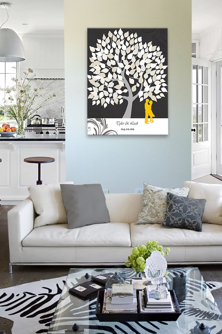 Personalized Couples Canvas Wall Art - Custom His & Hers Romance Tree with Names & Date - Wedding, Anniversary, Housewarming Gift - Charcoal 20