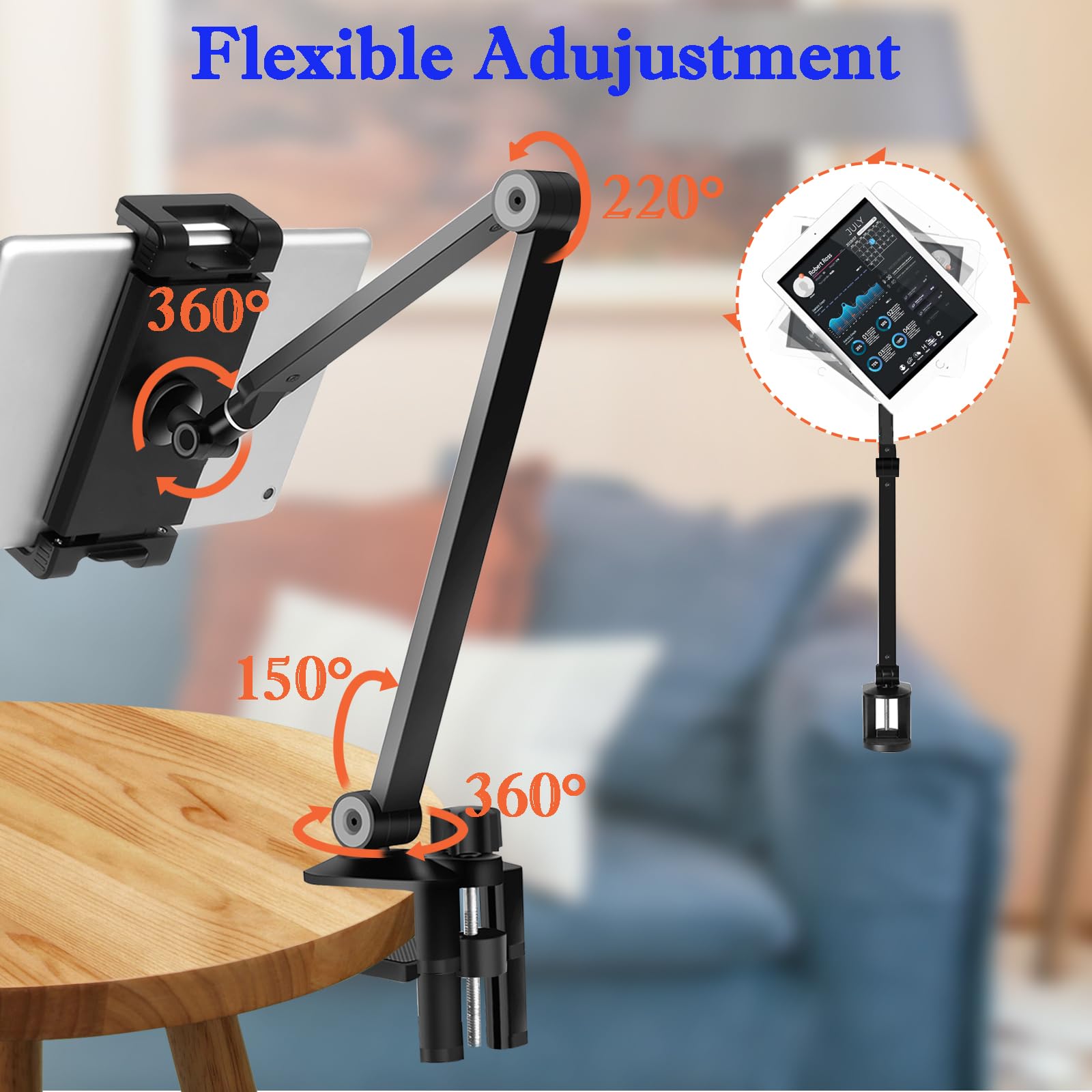 NueZoo Adjustable Aluminum iPad Stand Holder - 360° Swivel Long Arm Tablet Clamp Mount for Desk & Bed - Compatible with 4.5-13 inch Phones & Tablets (Black) - Perfect for Office Work, Reading, Watching Videos & Hands-Free Video Calls