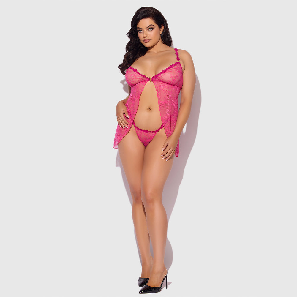 House of Desire Yvone Sexy Split Lace Front Opening Babydoll Lingerie for Women - Plus Size Curvy Fit - Perfect for Valentine's Day, Anniversary Gift or Romantic Nightwear