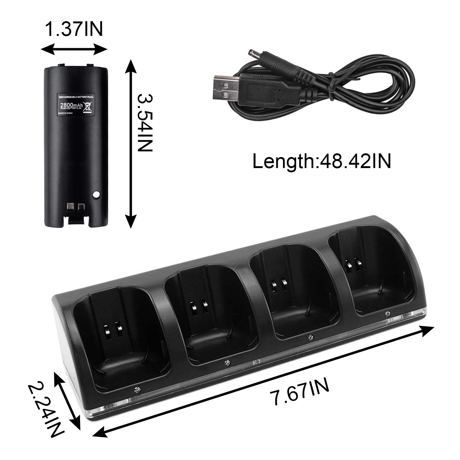 TechKen 4-Pack 2800mAh Rechargeable Batteries for Wii Remote Controller with Charging Dock Station (Black) - Perfect for Gaming, Home Entertainment & Long Play Sessions