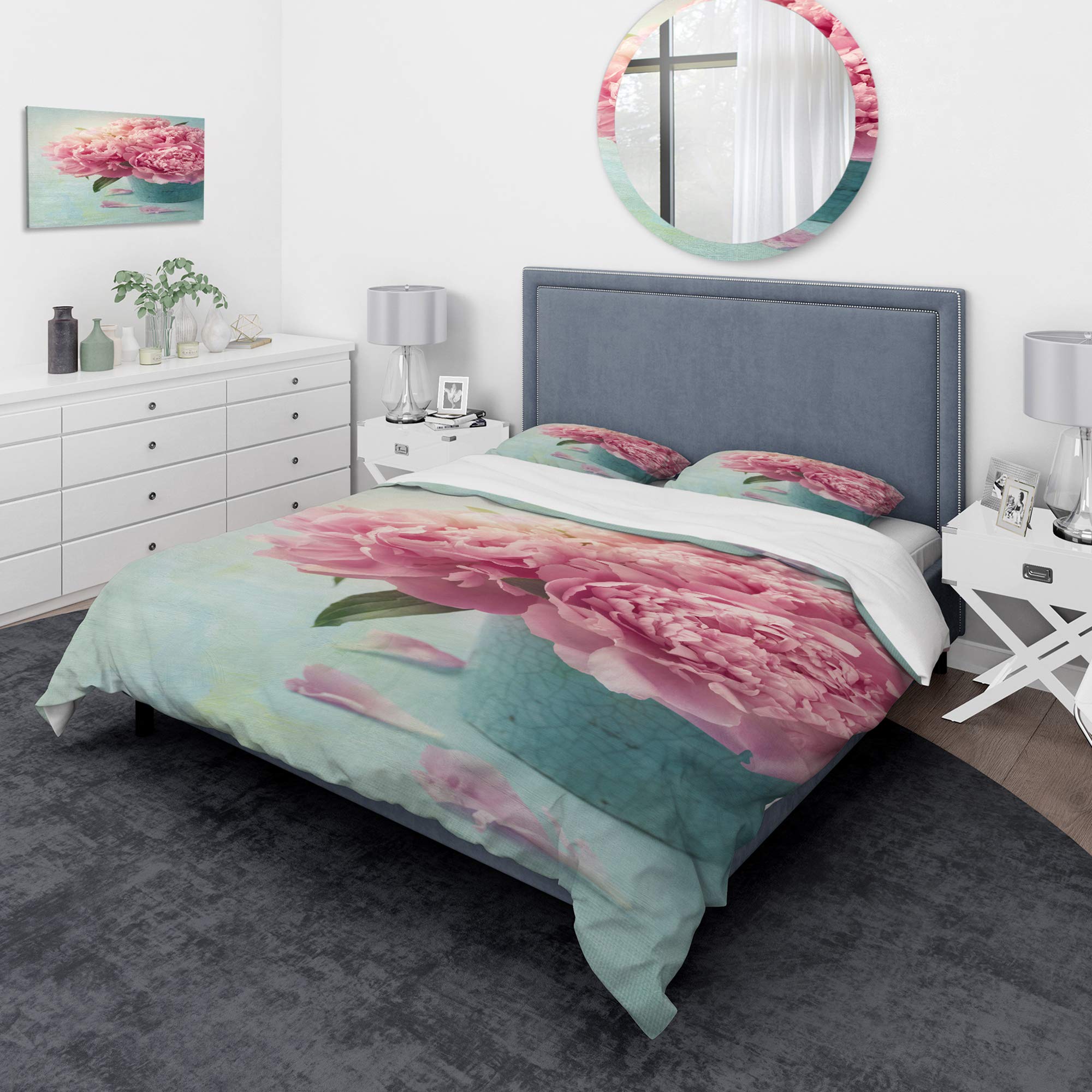 Blue Nautical & Coastal Duvet Cover Set King Size - Pink Peony Floral Design, 3-Piece All Season Bedding Set for Coastal Home Decor | Perfect for Beach House, Guest Room & Master Bedroom