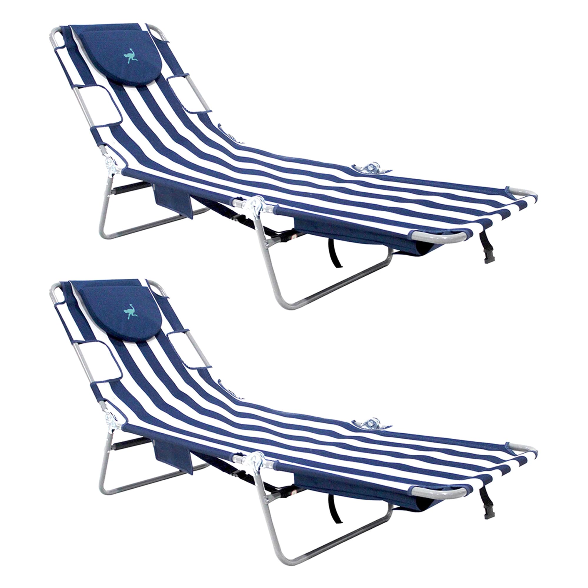 Adjustable Ostrich Backpack Folding Lounge Chair - 4 Position Recliner with Carrying Straps, Side Pocket & Storage Bag - Navy Stripe (2 Pack) - Perfect for Camping, Beach, Picnics & Outdoor Relaxation