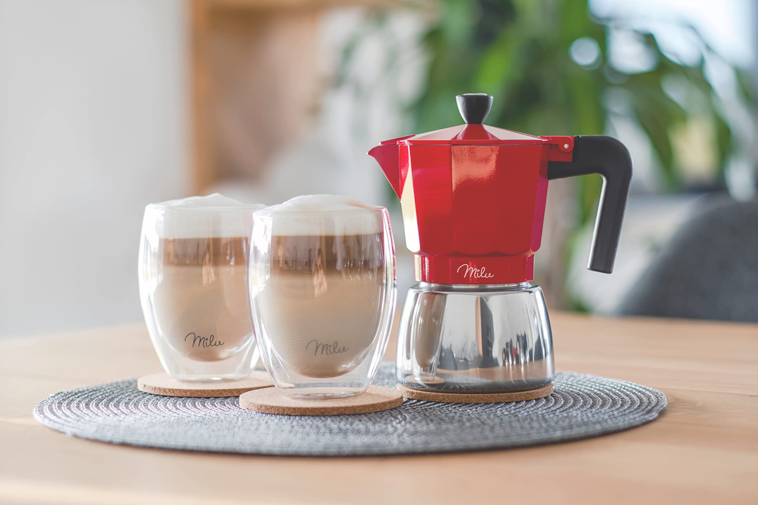 Milu Italian Stovetop Espresso Maker for Induction - 3, 6, 9 Cup Aluminum Moka Pot with Stand, Spoon & Brush (Red, 9 Cup 400ml) - Perfect for Home Coffee Brewing & Gifts