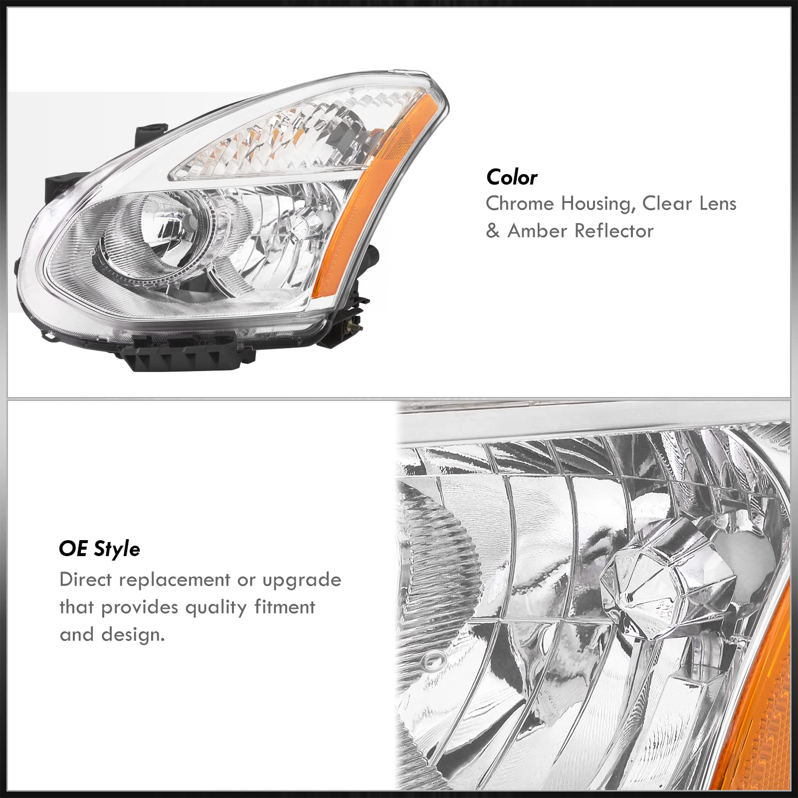 AJP Distributors Chrome Housing Clear Lens Amber Reflector Headlights & Headlamps - Compatible with Nissan Rogue 2008-2015 | Driving Lights, Bumper Lights & Signal Lamps Replacement Set for Enhanced Visibility & Safety on Night Roads