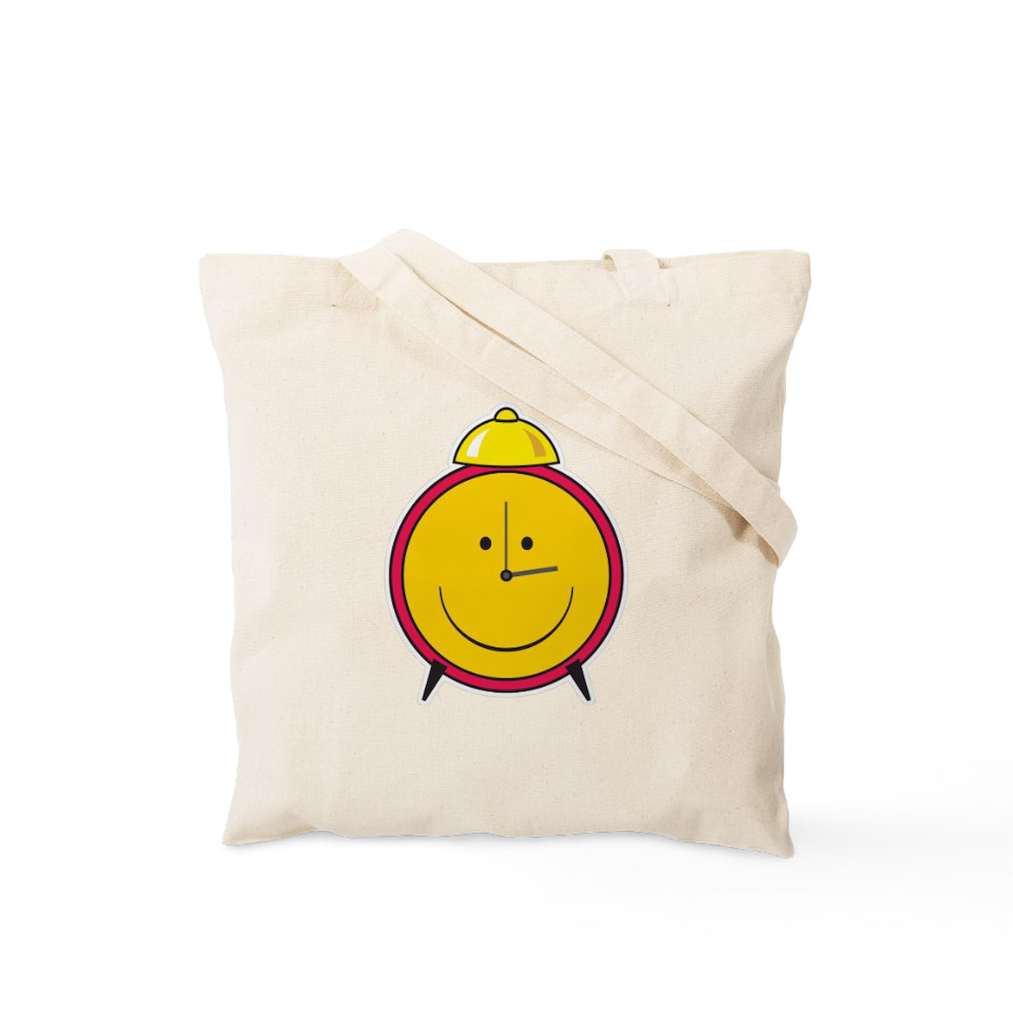 Smiley Face Alarm Clock Tote Bag - Natural Canvas Reusable Shopping Bag for Groceries, Beach & Daily Use | Eco-Friendly Cotton Tote with Unique Design