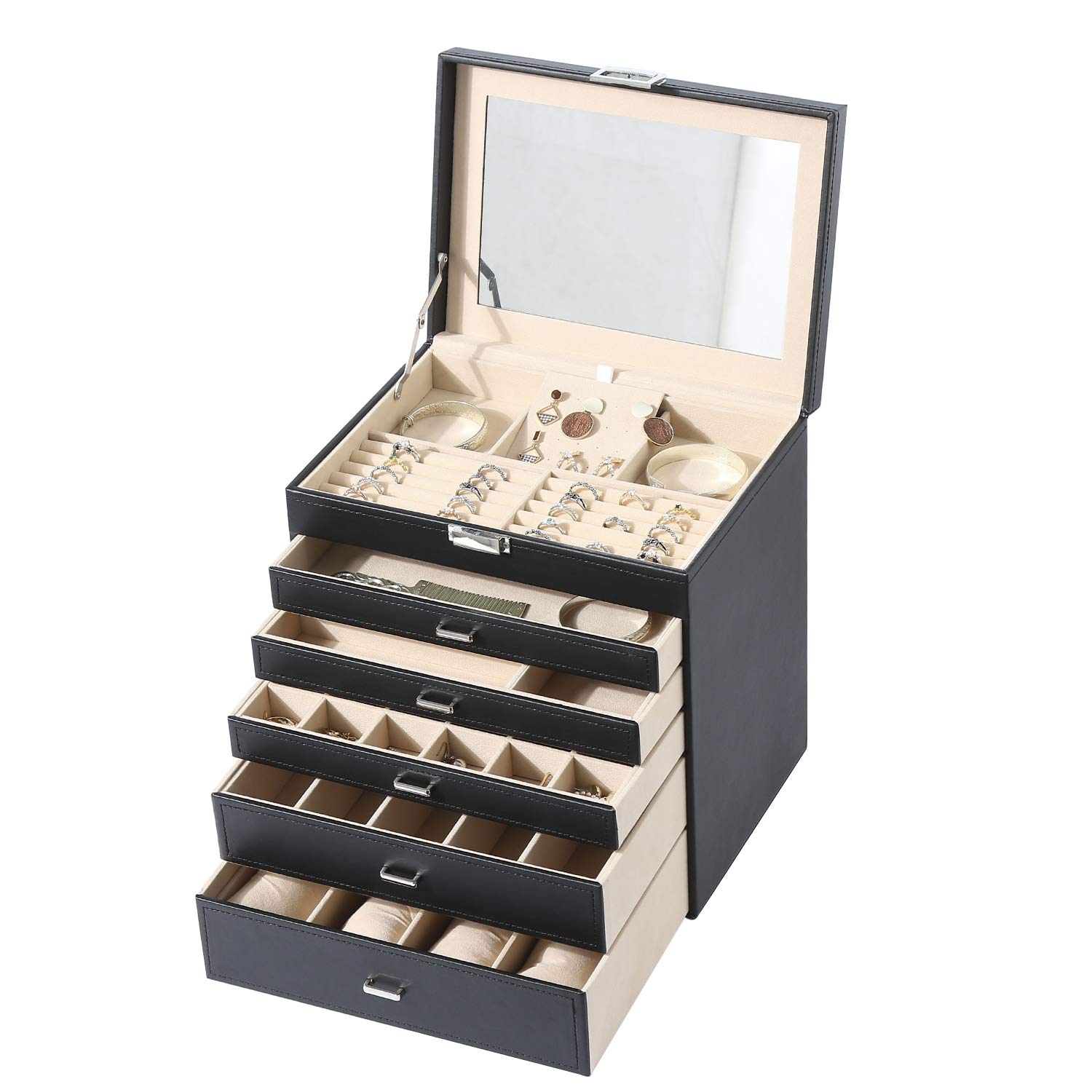 5-Tier Luxury Jewelry Organizer Box with Mirror - Perfect for Necklaces, Earrings, Sunglasses, Bracelets & Watches Storage - Elegant Black Jewelry Case for Bedroom, Vanity & Travel