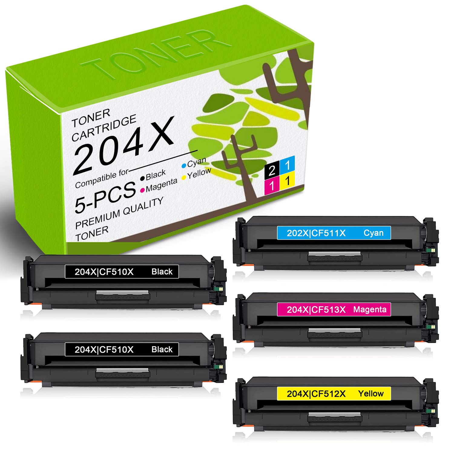 HP 204X Compatible Toner Cartridge Replacement (5 Pack: 2BK+1C+1M+1Y) for HP Color LaserJet Pro M154a/M181fw/M181fdw/M154nw/M180n/M180nw Printers | High Yield CF510X/CF511X/CF512X/CF513X | Perfect for Office & Home Printing Needs