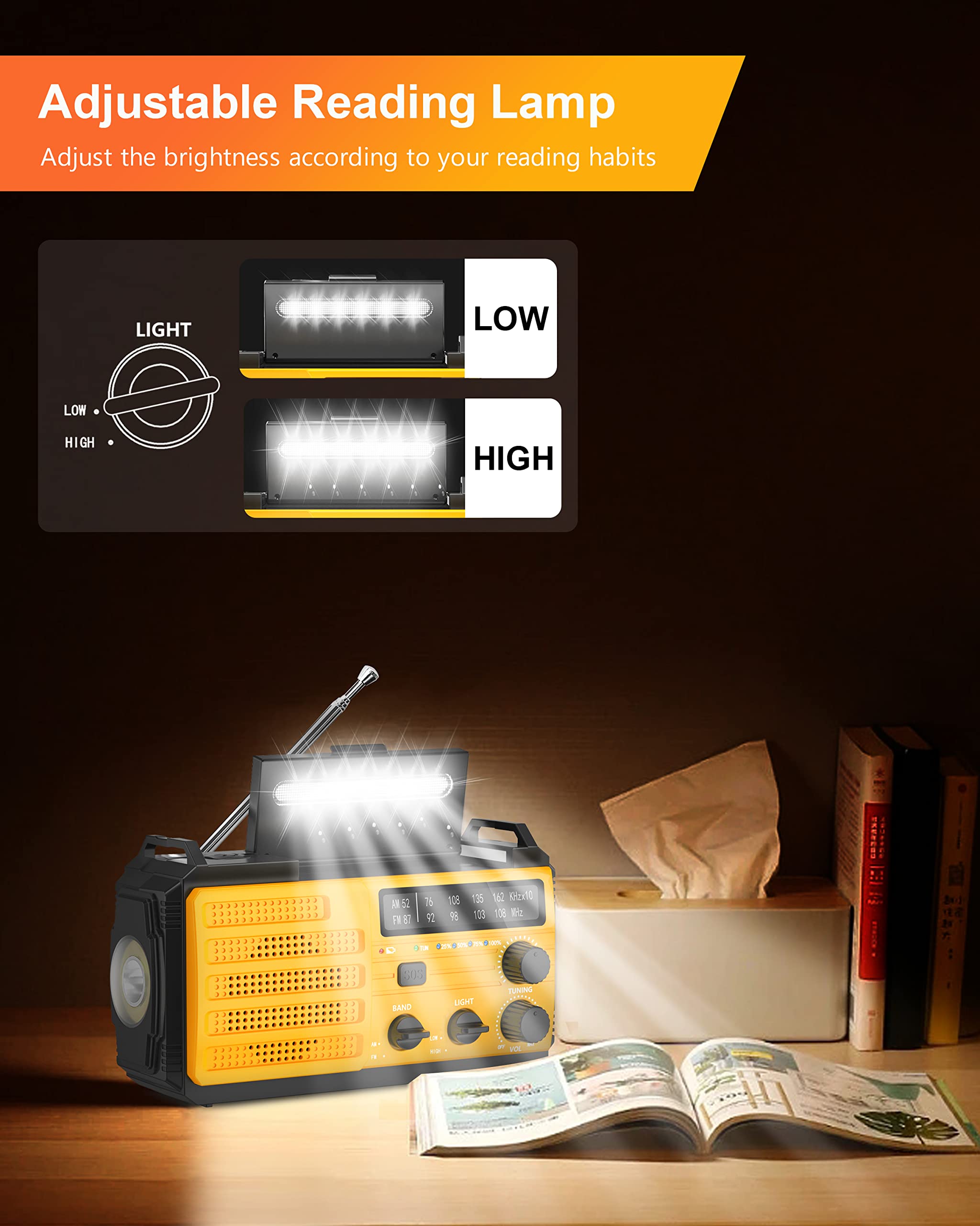 Solar Hand Crank Emergency Radio - 8000mAh AM/FM Weather Radio with USB Phone Charger, LED Flashlight, SOS Alarm & Compass | Portable Survival Gear for Camping, Hiking & Power Outages