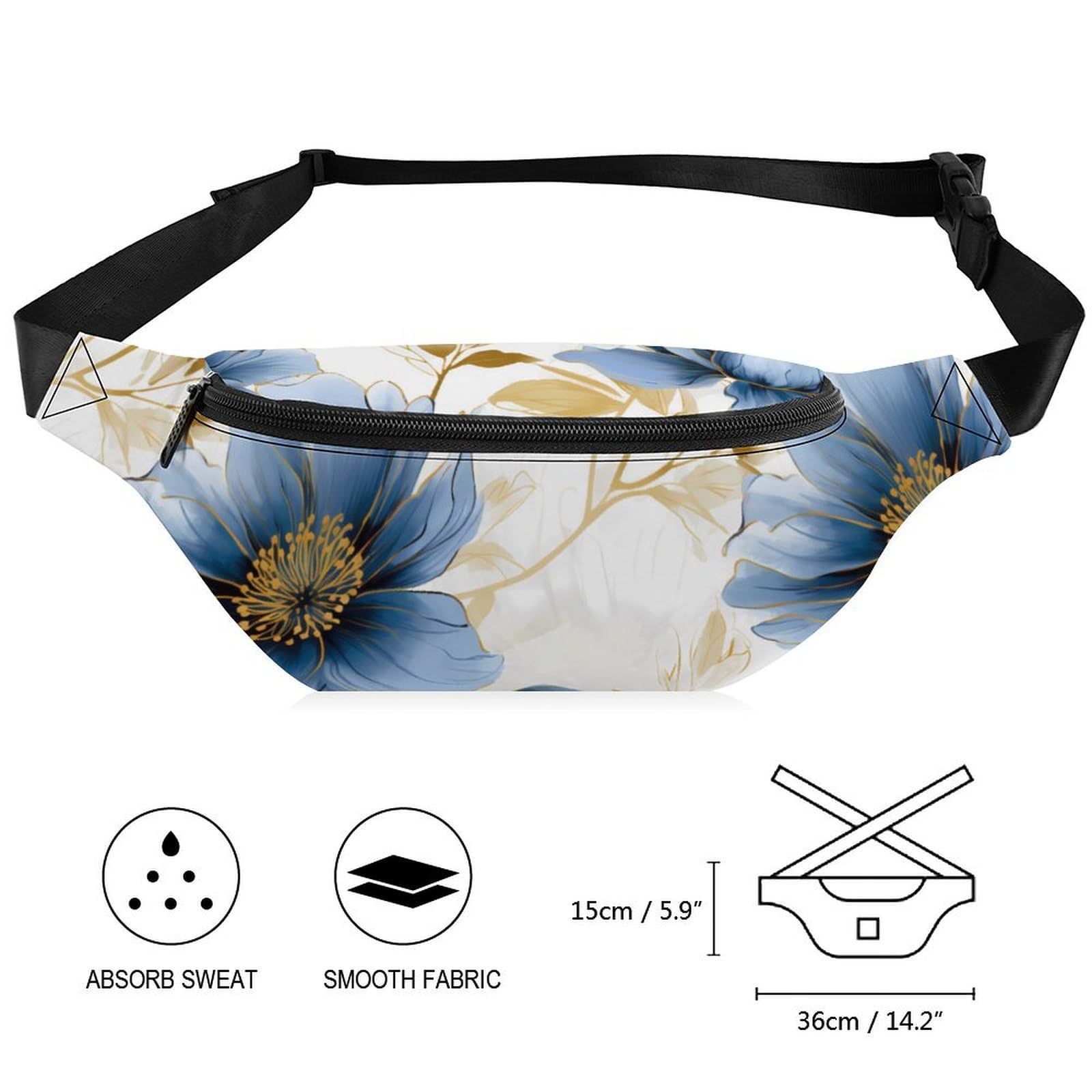 Adjustable Waist Pack Fanny Pack for Women & Men - Blue Poppy Flower Design Crossbody Belt Bag with Secure Zipper Pouch - Perfect for Hiking, Travel, Concerts & Outdoor Activities