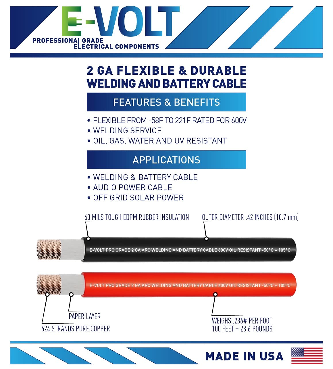 Premium E-VOLT Professional Grade Annealed Copper EPDM Welding Lead & Car Battery Cable (2 AWG, 10 FT Red) - Made in USA | Heavy-Duty Power Transfer for Automotive, Marine & Industrial Applications