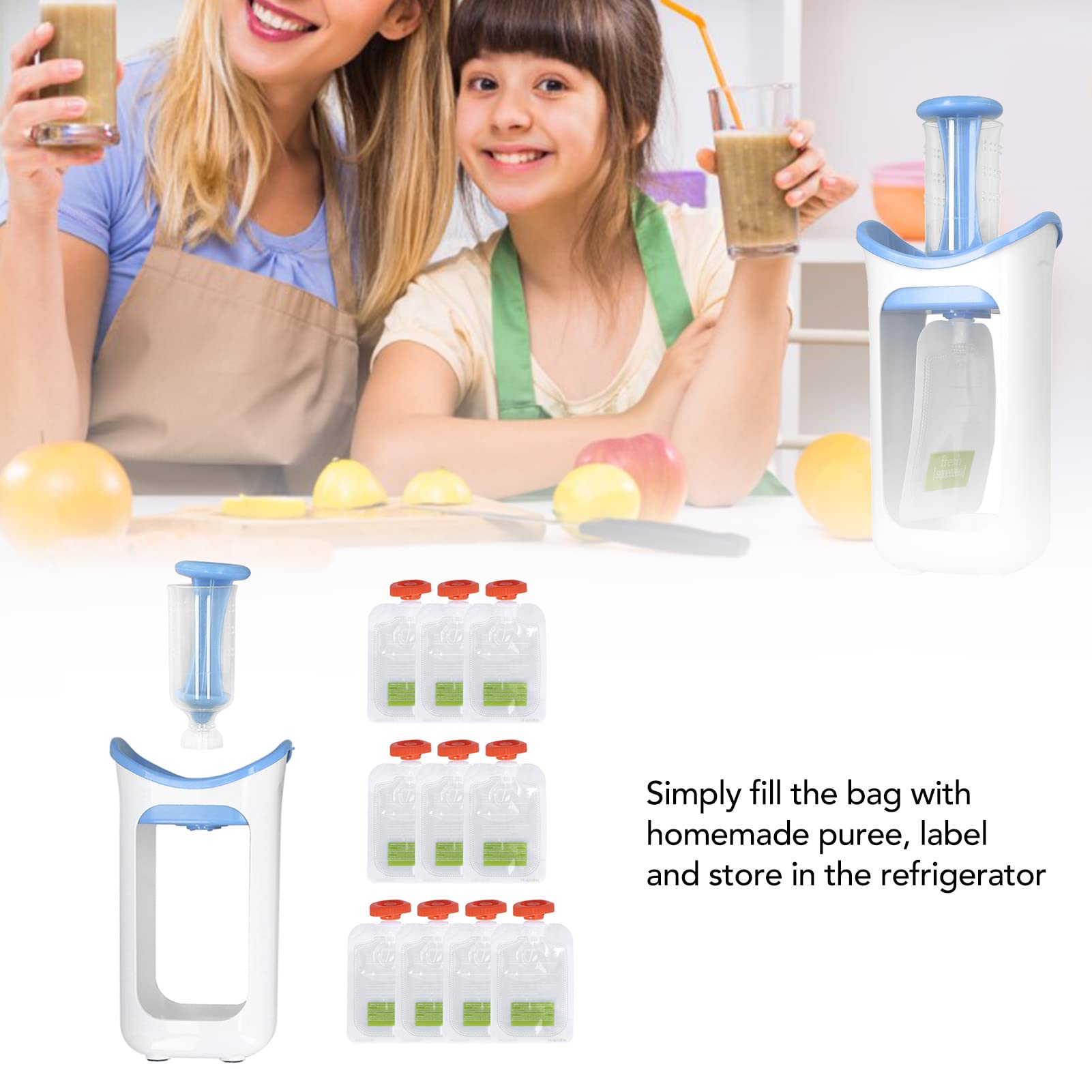 Baby Food Squeeze Station - Reusable Pouch Filler for Homemade Purees | 10 BPA-Free Squeeze Bags Included | Perfect for Making Fresh Fruit Purees, Yogurt & Baby Food at Home - Ideal for Busy Parents & Healthy Snacks On-The-Go (Blue)