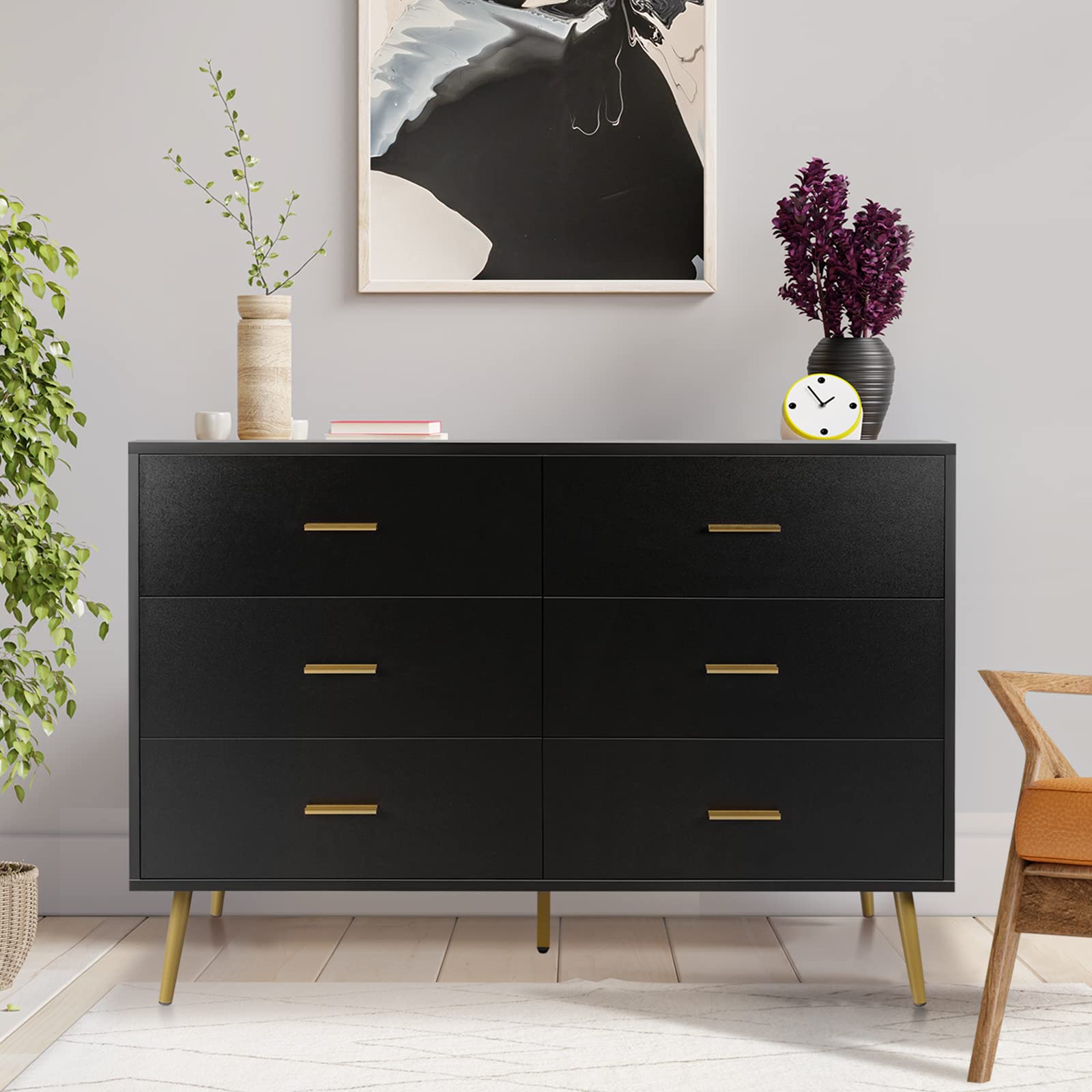 6-Drawer Black Wood Dresser with Metal Handles - Modern Bedroom Furniture with Sturdy Frame - Chest of Drawers for Bedroom, Closet & Hallway Storage - Perfect for Organizing Clothes, Linens & Accessories