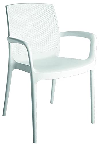 Stackable Patio Dining Armchairs Set of 2 - White Heavy Duty Plastic Rattan Look Outdoor Chairs for Garden, Poolside, Deck & Backyard Relaxation