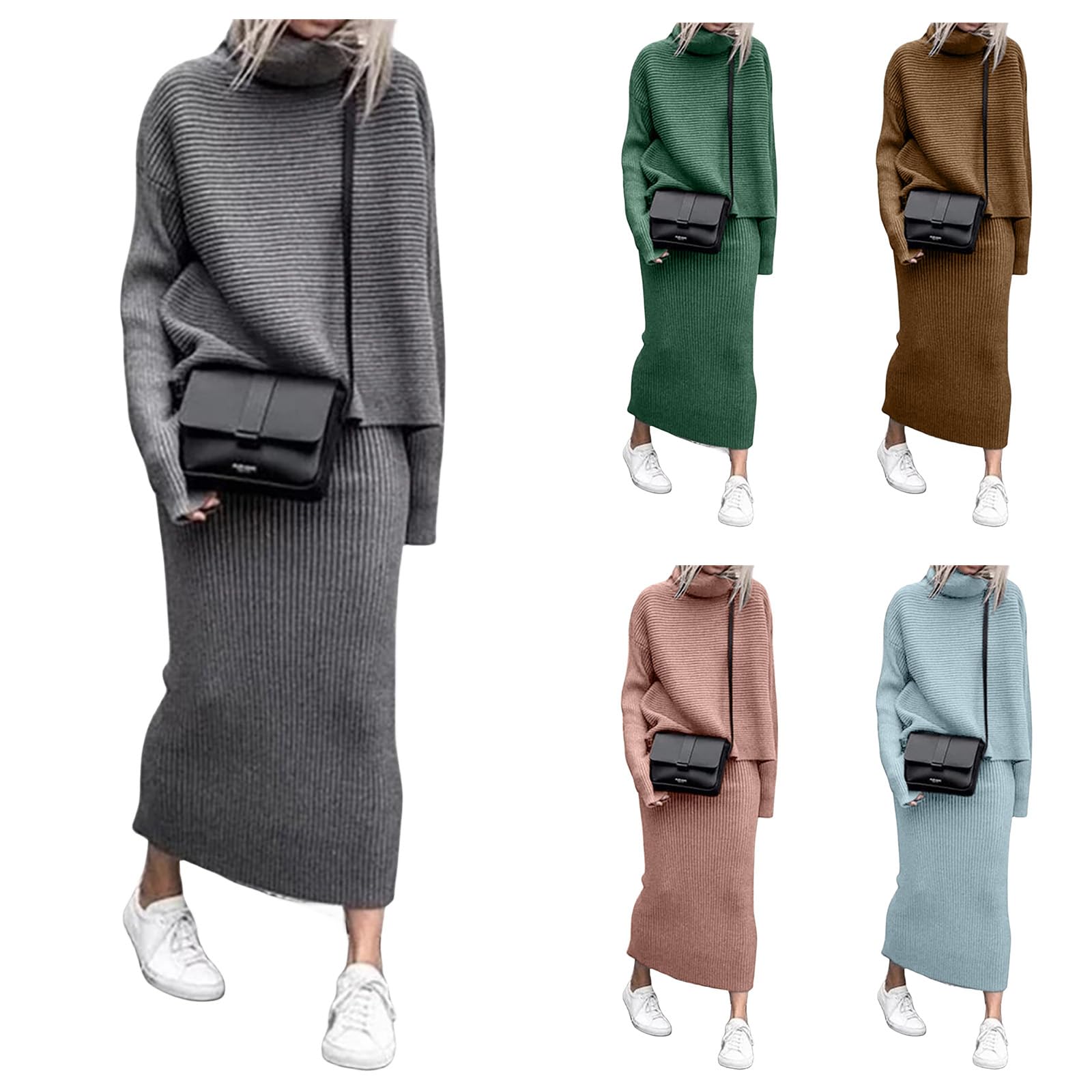 2 Piece Women's Sweater Skirt Set - Cozy Turtleneck Knit Sweater & Midi Skirt Lounge Outfit | Fall Winter Casual Wear for Home, Office & Date Nights