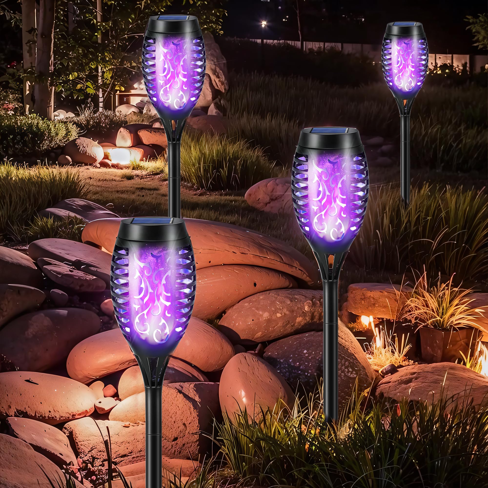 12 Pack Purple Solar Powered Tiki Torch Lights - Waterproof Outdoor Christmas Decorations with Realistic Flickering Flame - Perfect for Patio, Garden, Pathway & Holiday Lighting