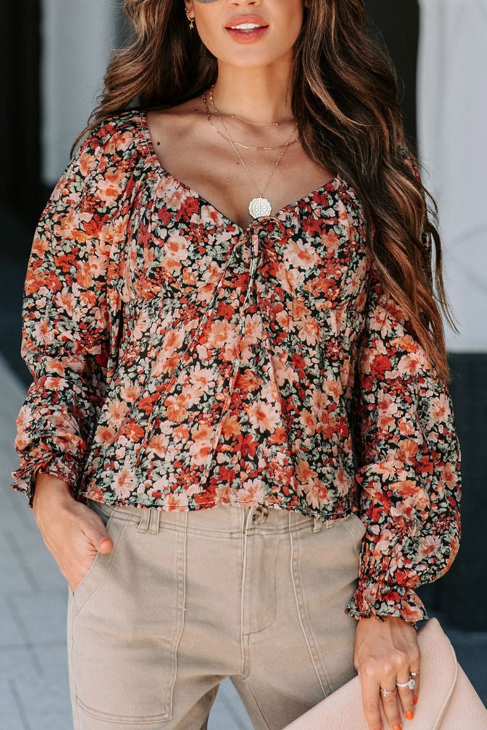 Elegant Peplum Tie Floral Long Sleeve Blouse for Women - Perfect for Office Wear, Date Nights & Special Occasions