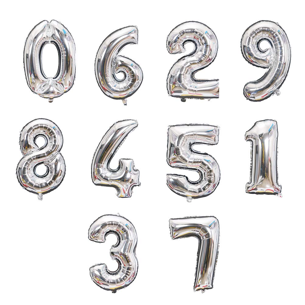 Amosfun Large 0-9 Digital Balloons - Silver Aluminum Foil Number Balloons for Birthday Party, Wedding Decorations - Perfect for Room Decor, Photo Backdrops, and Special Events