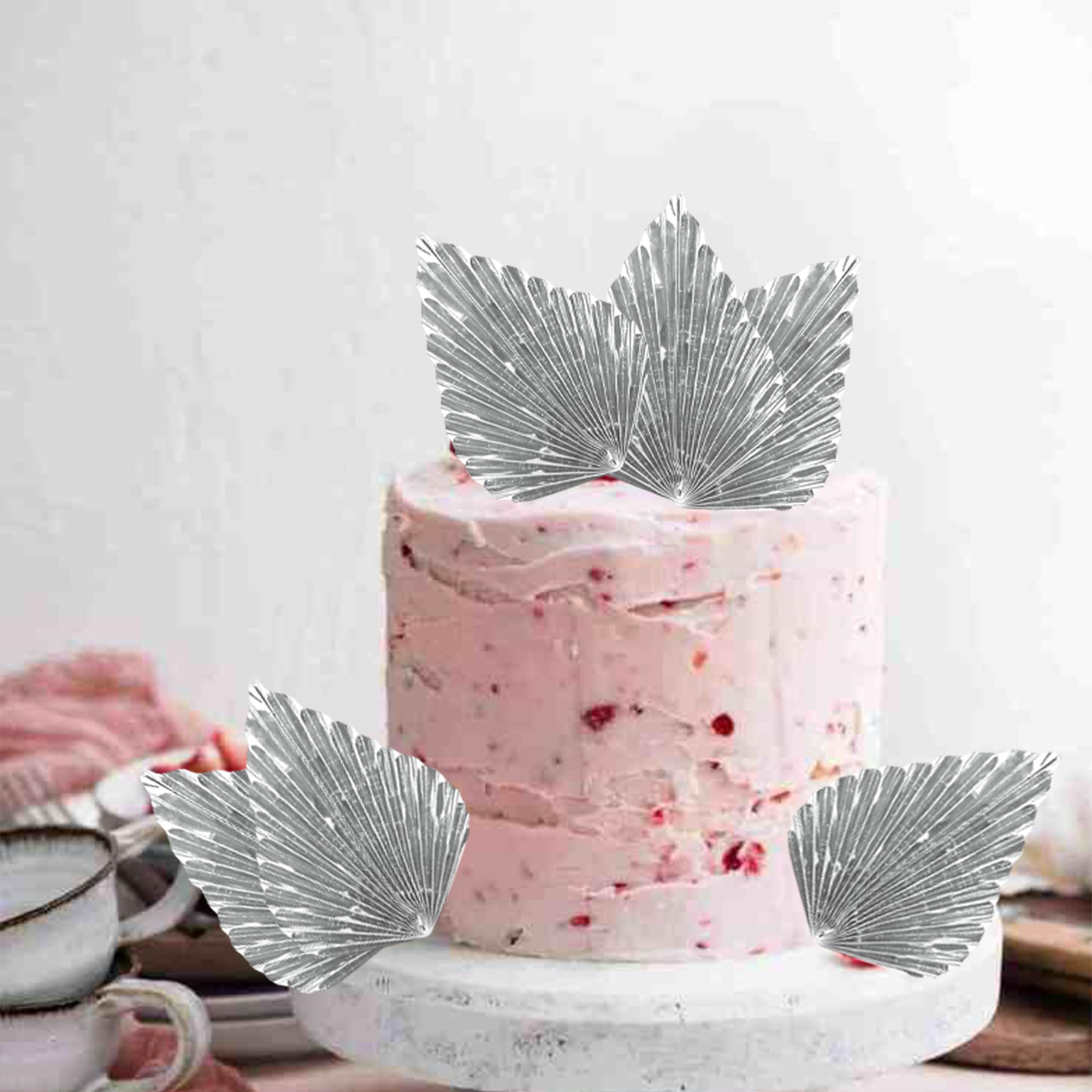 6 PCS Silver Palm Leaf Cake Toppers - DIY Cupcake Decorations for Baby Showers, Weddings & Birthday Parties | Cake Picks, Fan Spear Leaves for Tropical Themed Desserts