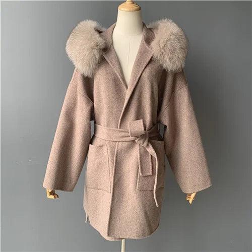 Luxury Women's Winter Coat with Real Fox Fur Hood & Cuffs - 100% Natural Fur, Cashmere Wool Blend, Oversized Loose Fit Jacket for Cold Weather - Perfect for Snowy Days, Outdoor Activities & Fashionable Winter Outfits